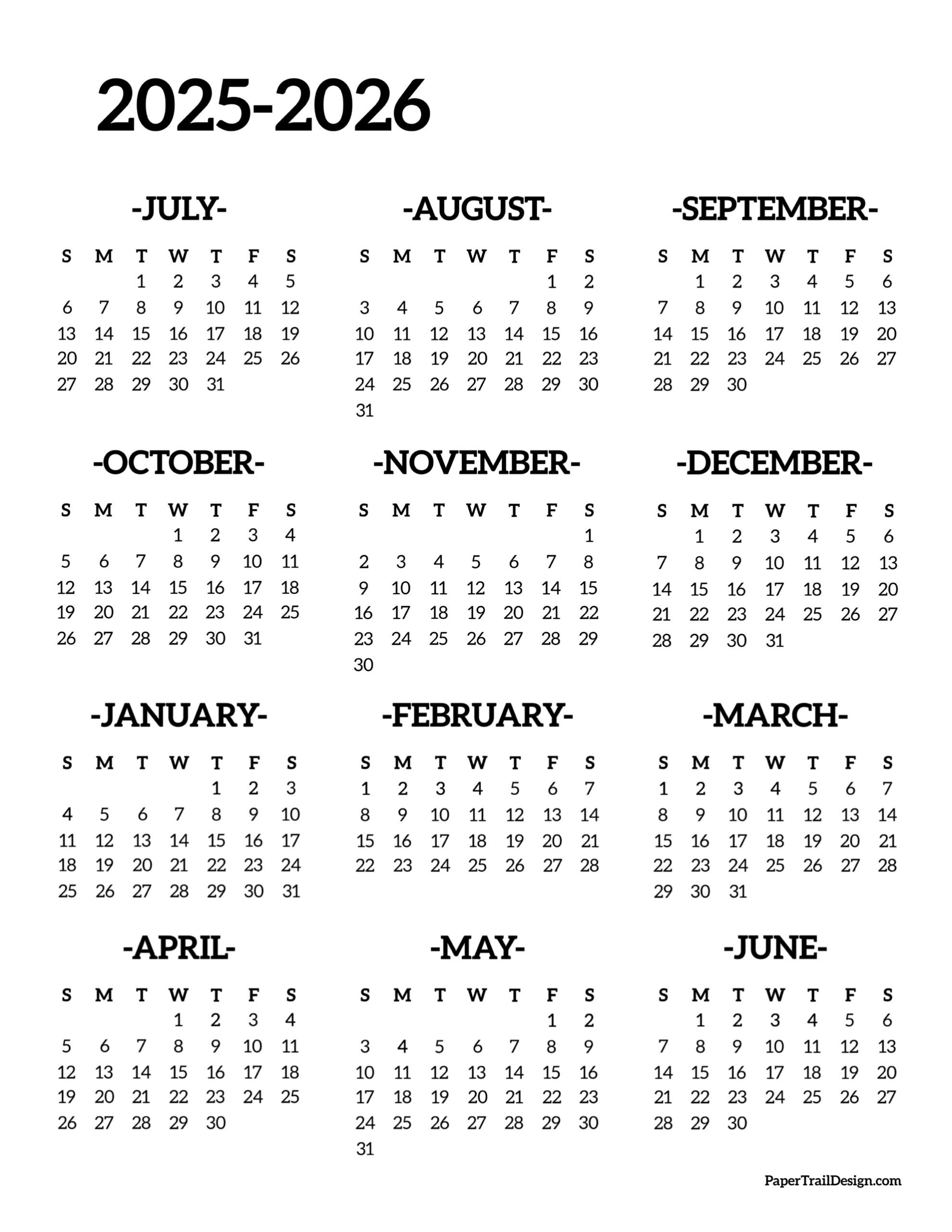 Calendar August 2025-August 2026