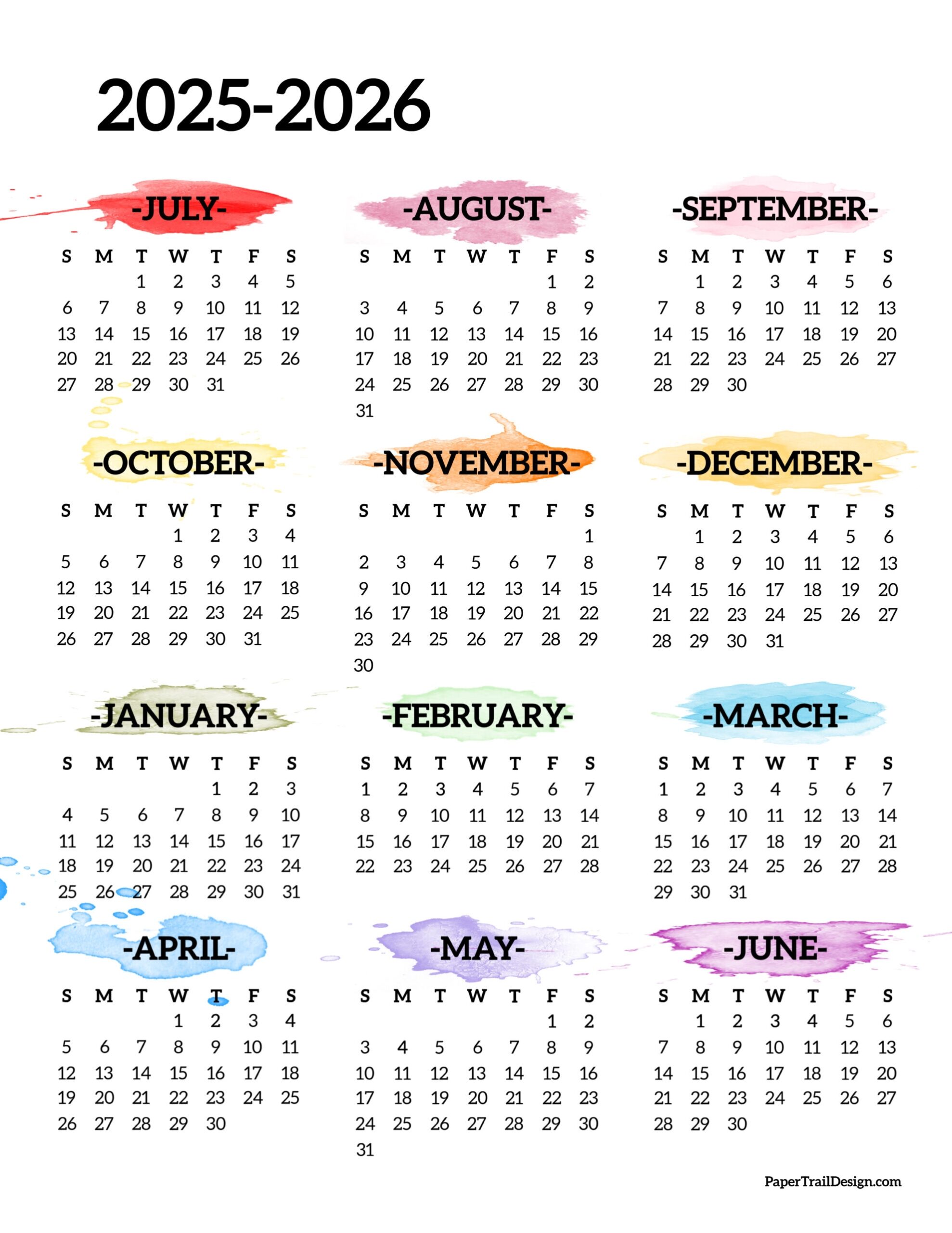 Free Printable Calendar July 2025-June 2026