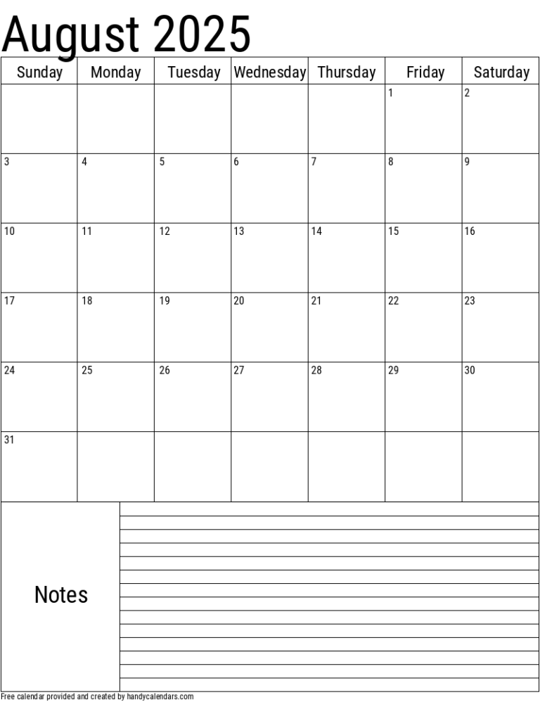 2025 August Calendars Handy Calendars