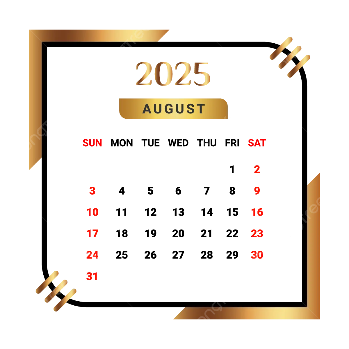 2025 August Month Calendar With Black And Golden Vector Monthly 