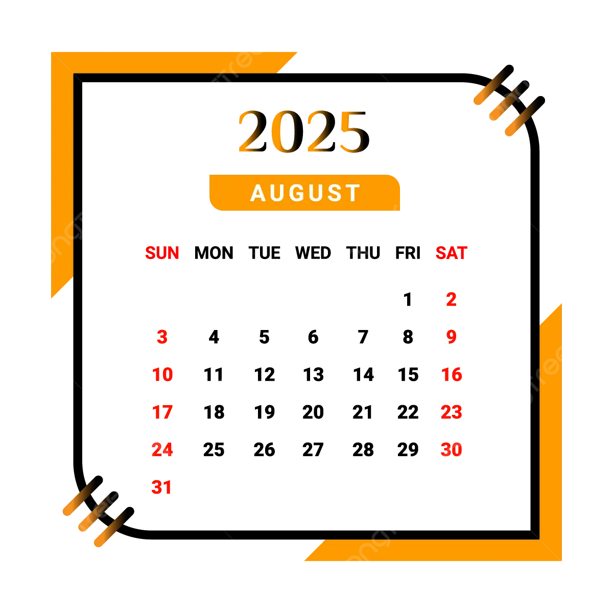 2025 August Month Calendar With Black And Yellow Vector Monthly Calendar Calendar August 2025 PNG And Vector With Transparent Background For Free Download