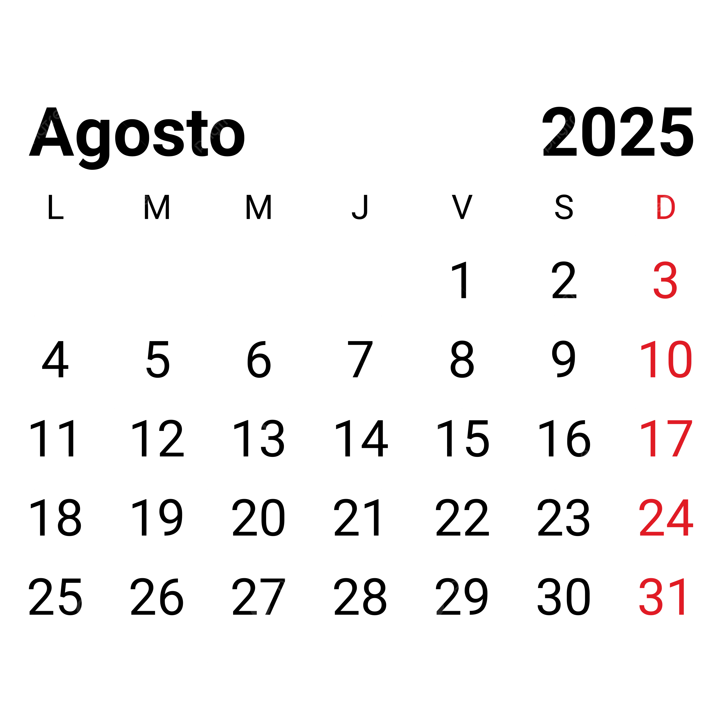2025 August Monthly Spanish Calendar Vector 2025 August Monthly Spanish Calendar 2025 August Calendar PNG And Vector With Transparent Background For Free Download