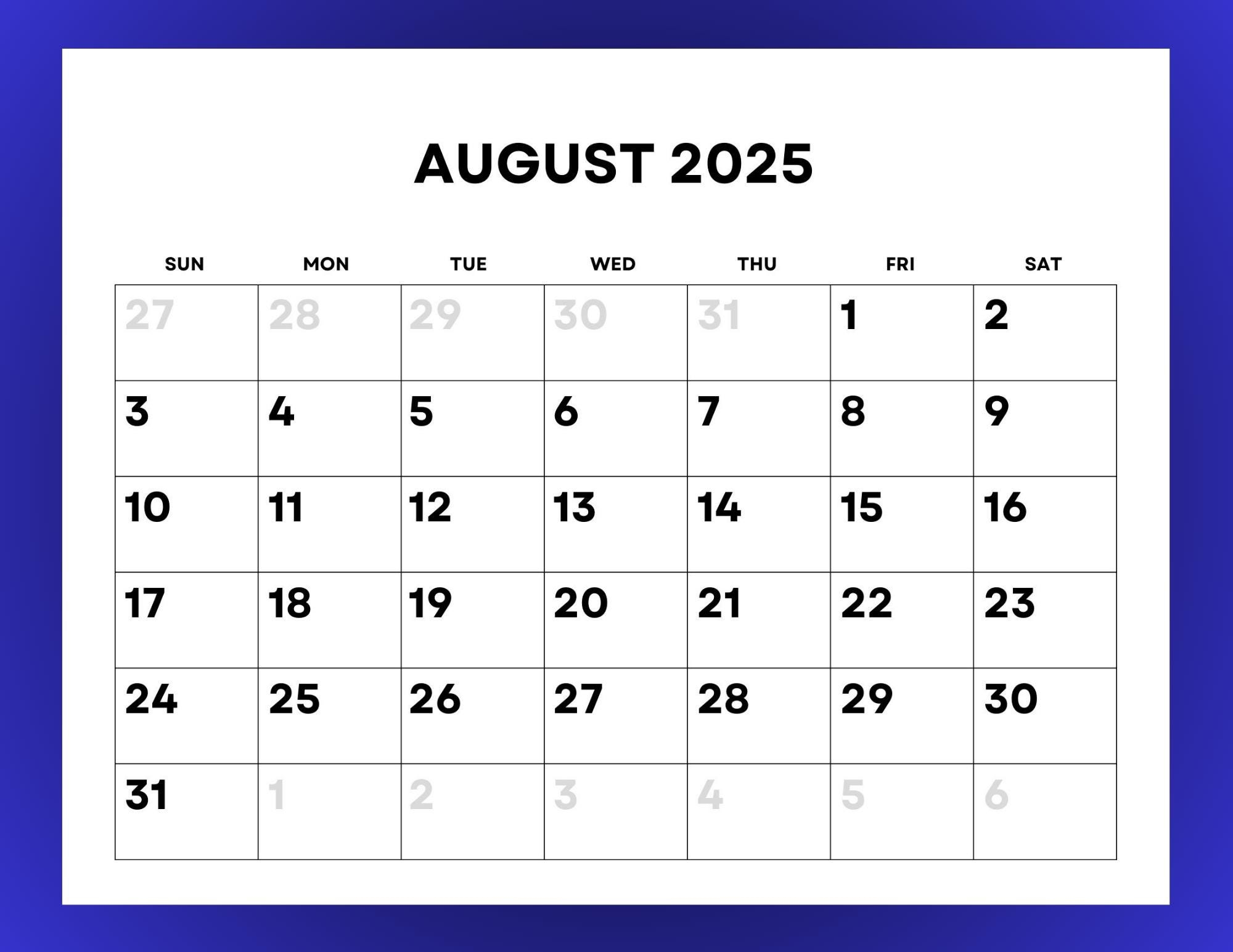 2025 Calendar Monthly Printable With Large Numbers Etsy