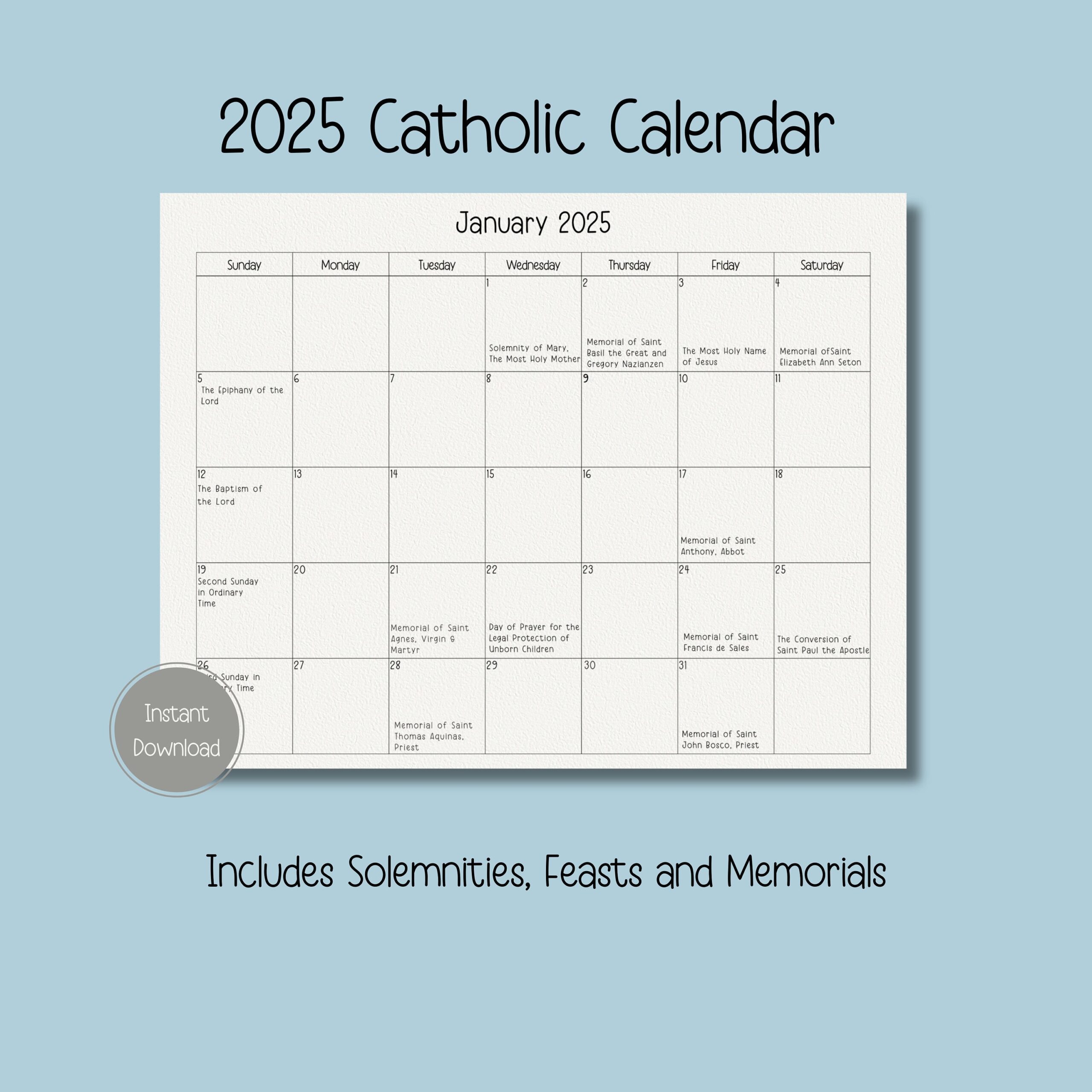 Catholic Calendar December 2025