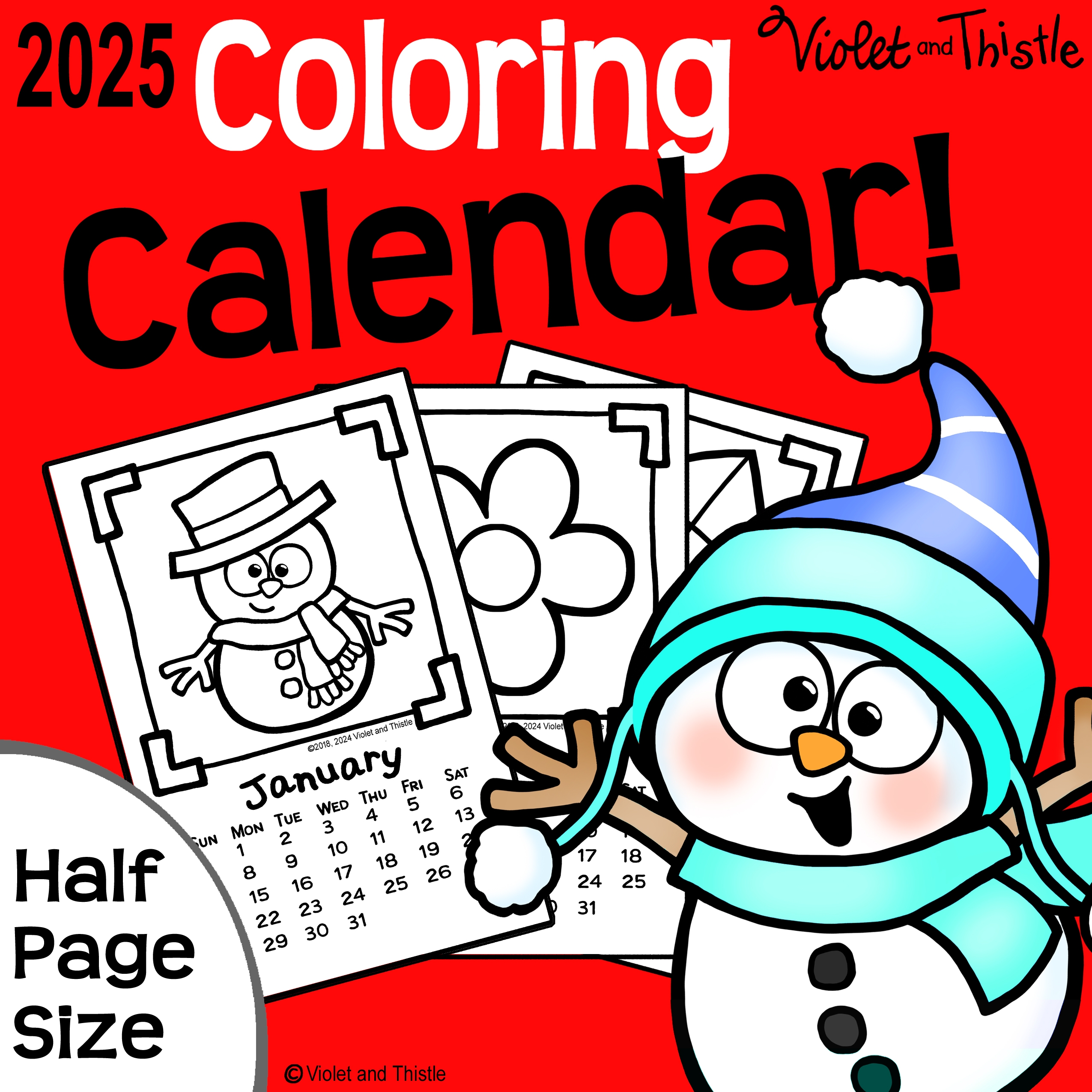 2025 Coloring Calendar Printable To Color Parent Christmas Gift From Kids Students HALF PAGE SIZE D2