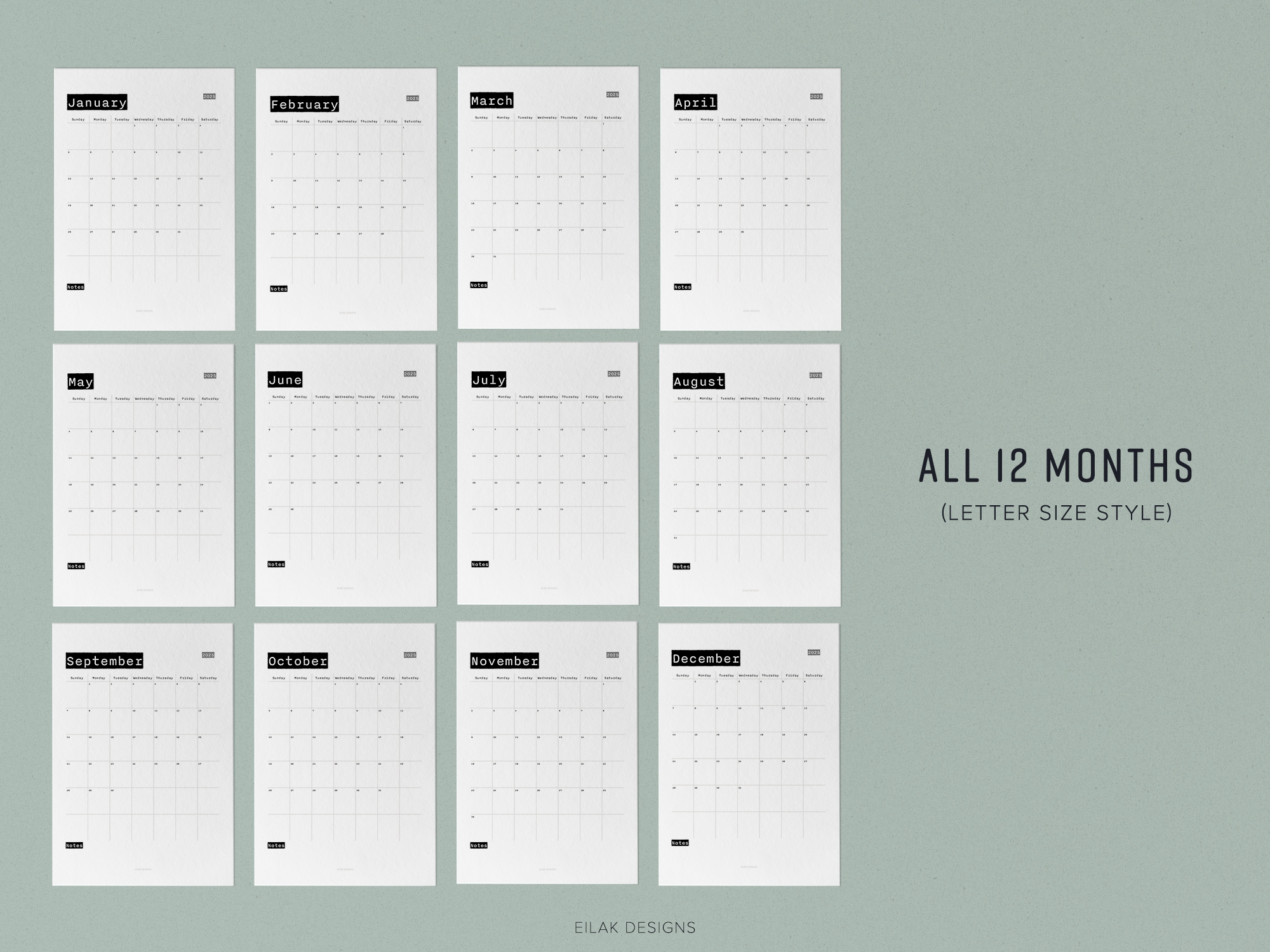 2025 Monthly Calendar Typewriter Digital Download
