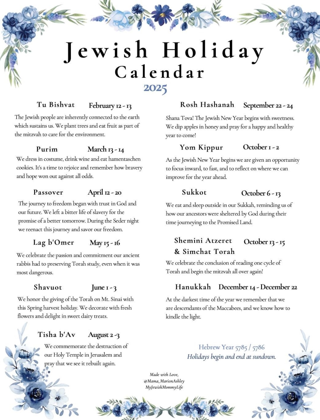 2025 NEW Jewish Holiday Calendar Hebrew Calendar 5785 U0026 5786 Hanukkah Etsy UK