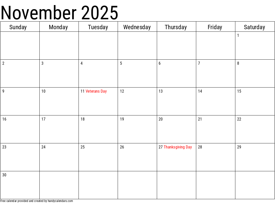 November 2025 Daily Calendar
