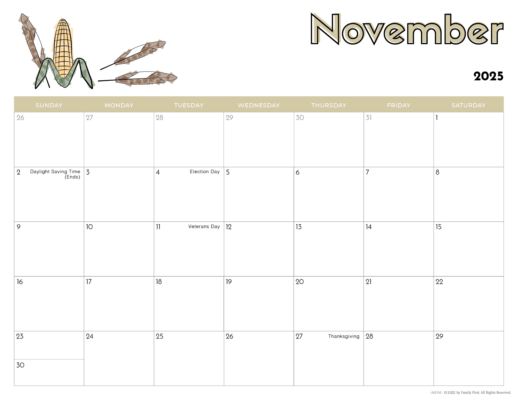 November 2025 Calendar For Kids