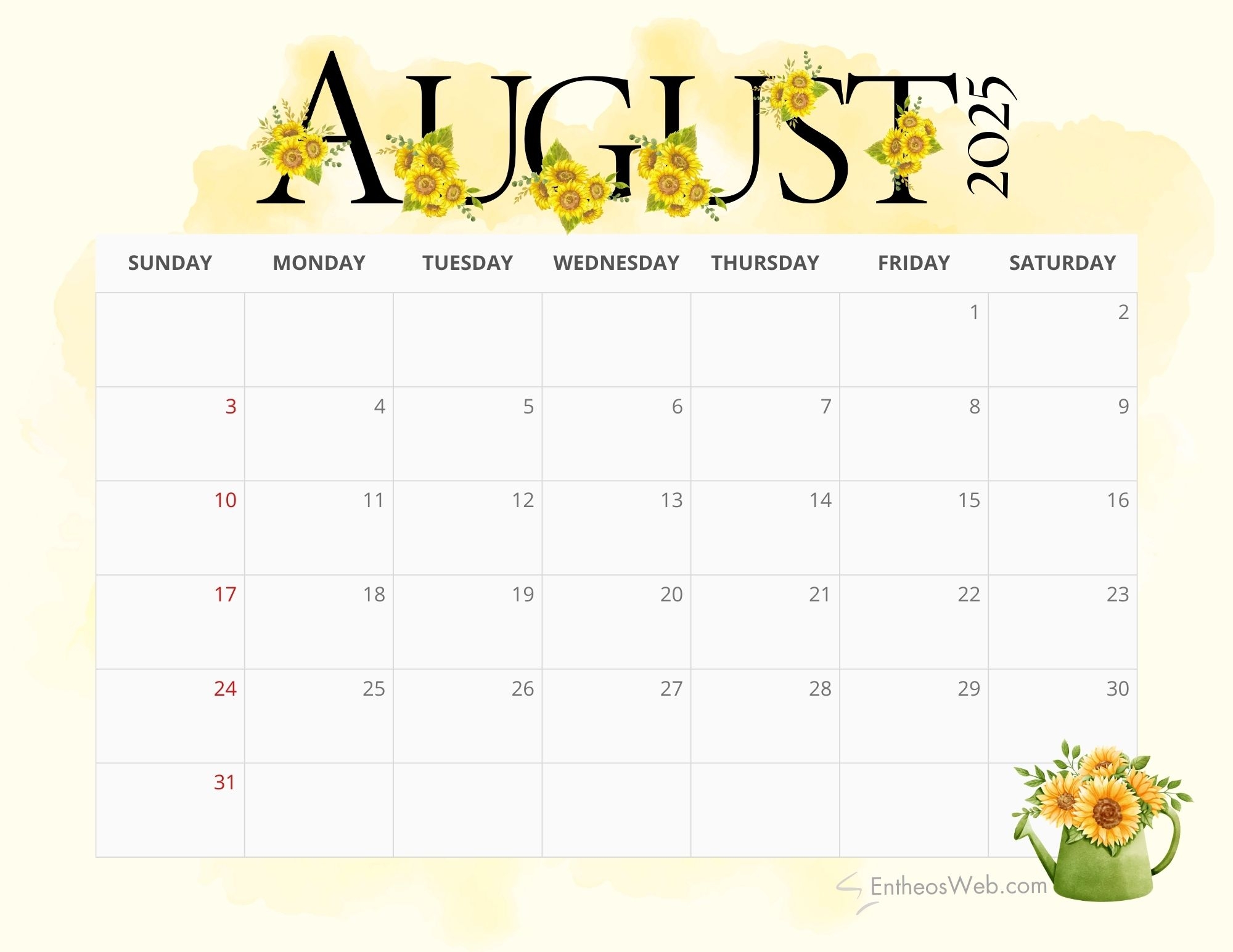 Free Fillable Calendar August 2025