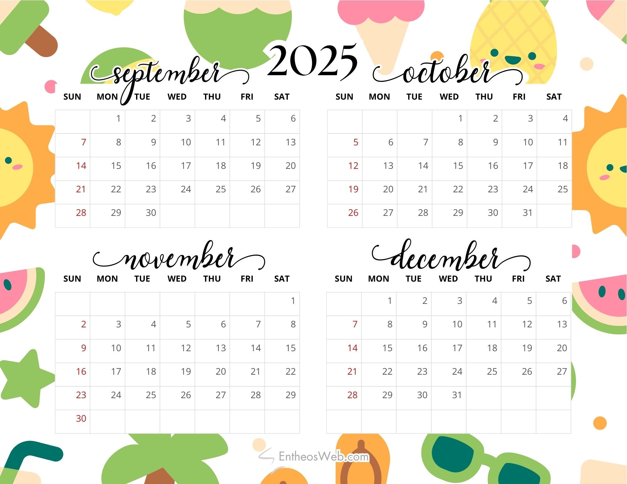 4 Month Calendar Printables September October November And December 2025 EntheosWeb
