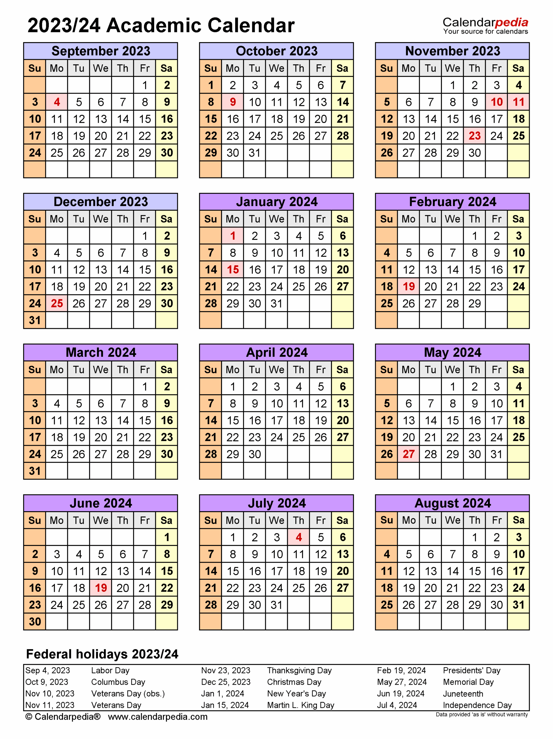 Academic Calendars 2023 2024 Free Printable PDF Templates