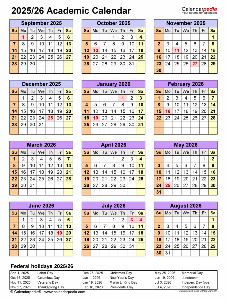 Academic Calendars 2025 2026 Free Printable PDF Templates