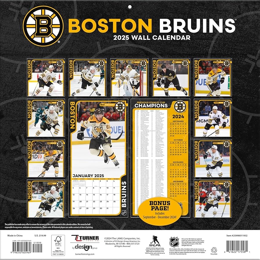 Amazon TURNER SPORTS Boston Bruins 2025 12x12 Team Wall Calendar 25998011932 Office Products