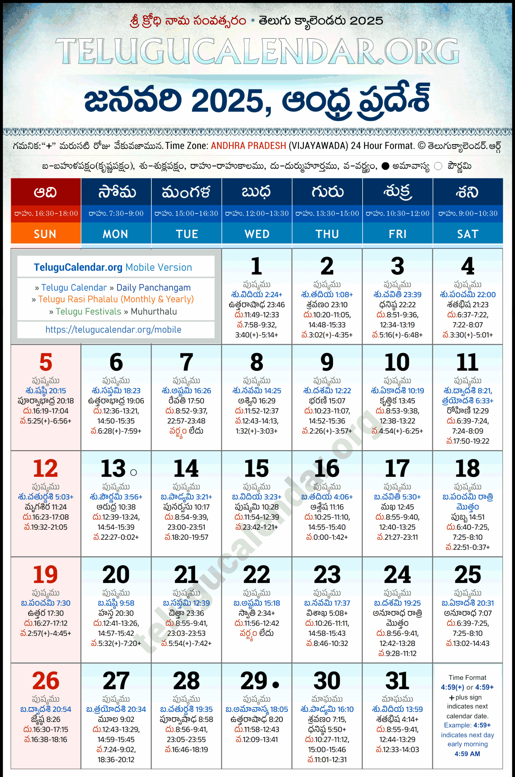 Andhra Pradesh Telugu Calendar 2025 January PDF Festivals