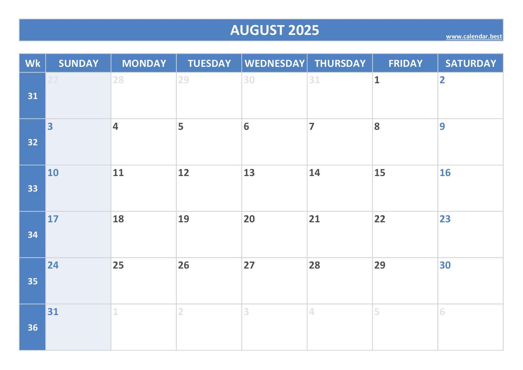 Us Calendar August 2025