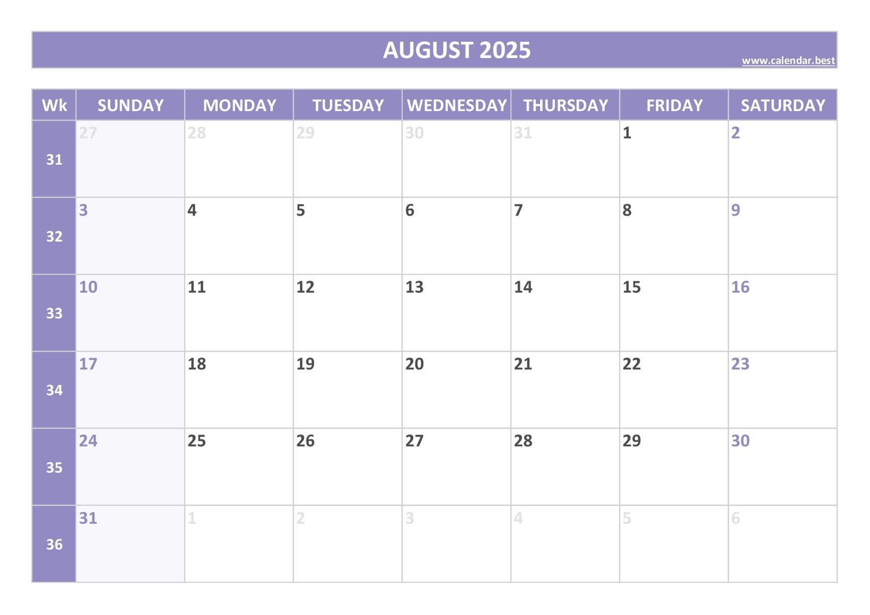 Calendar For August 2025