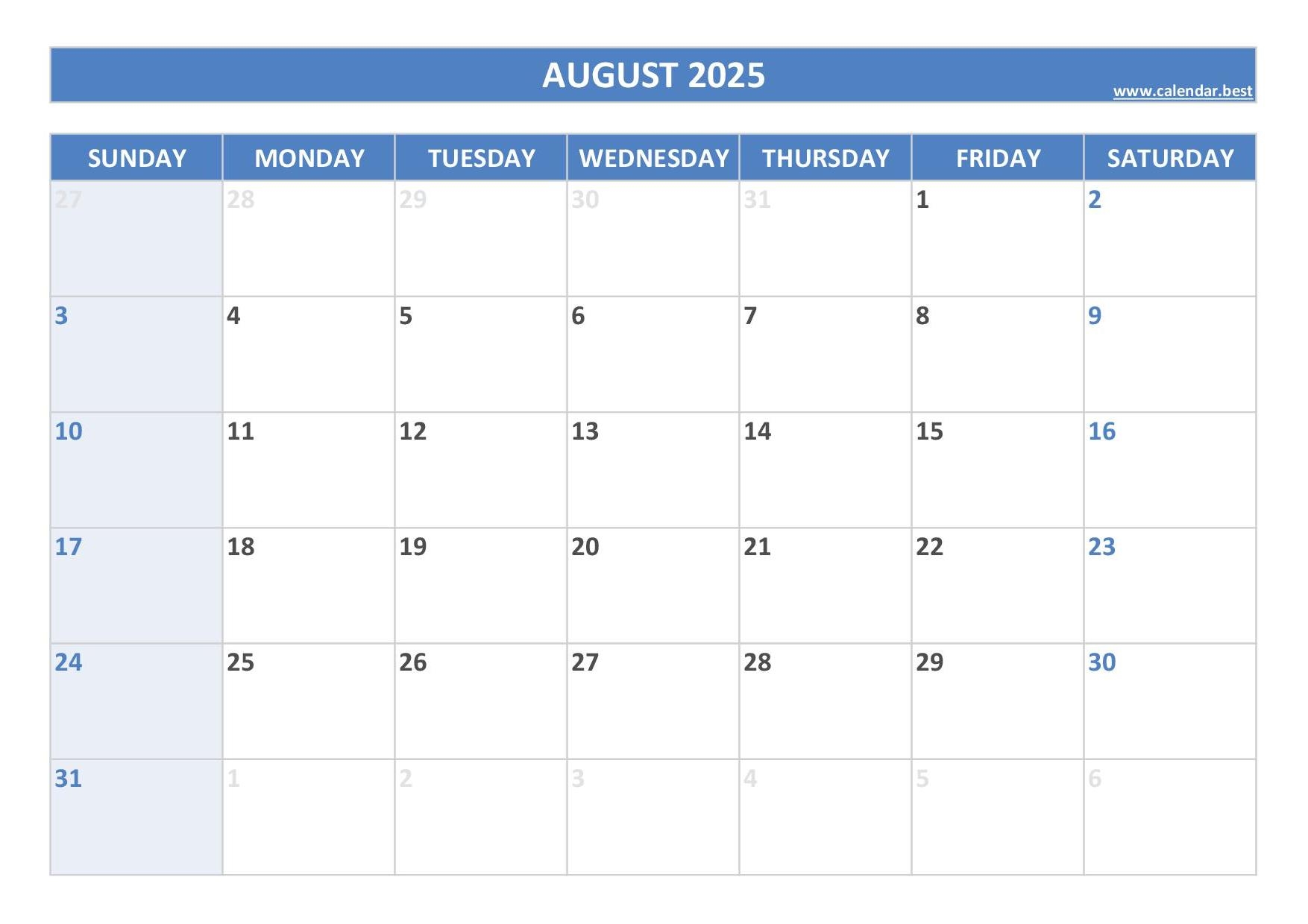 Free Printable Calendar For August 2025