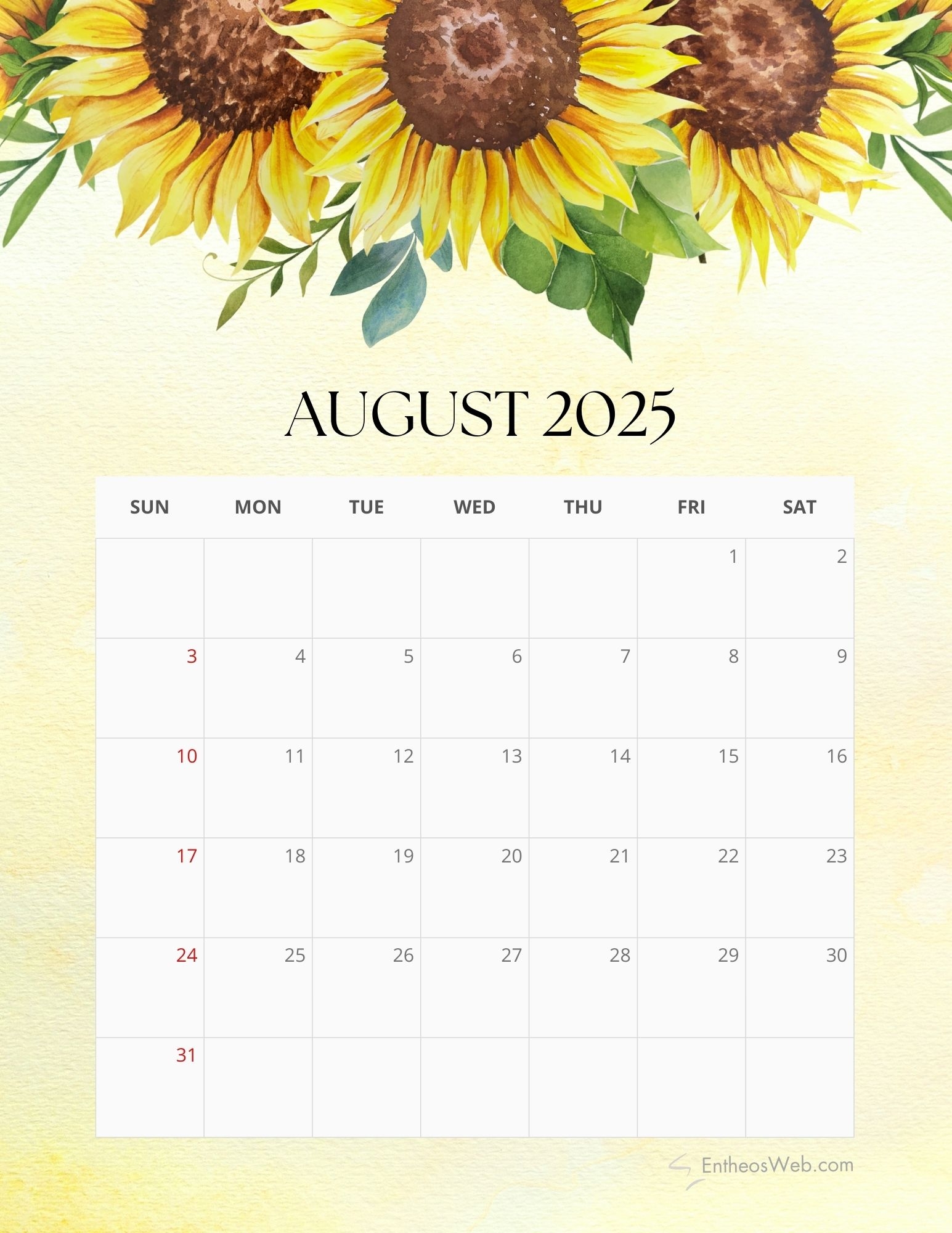 Calendar August 2025 Cute