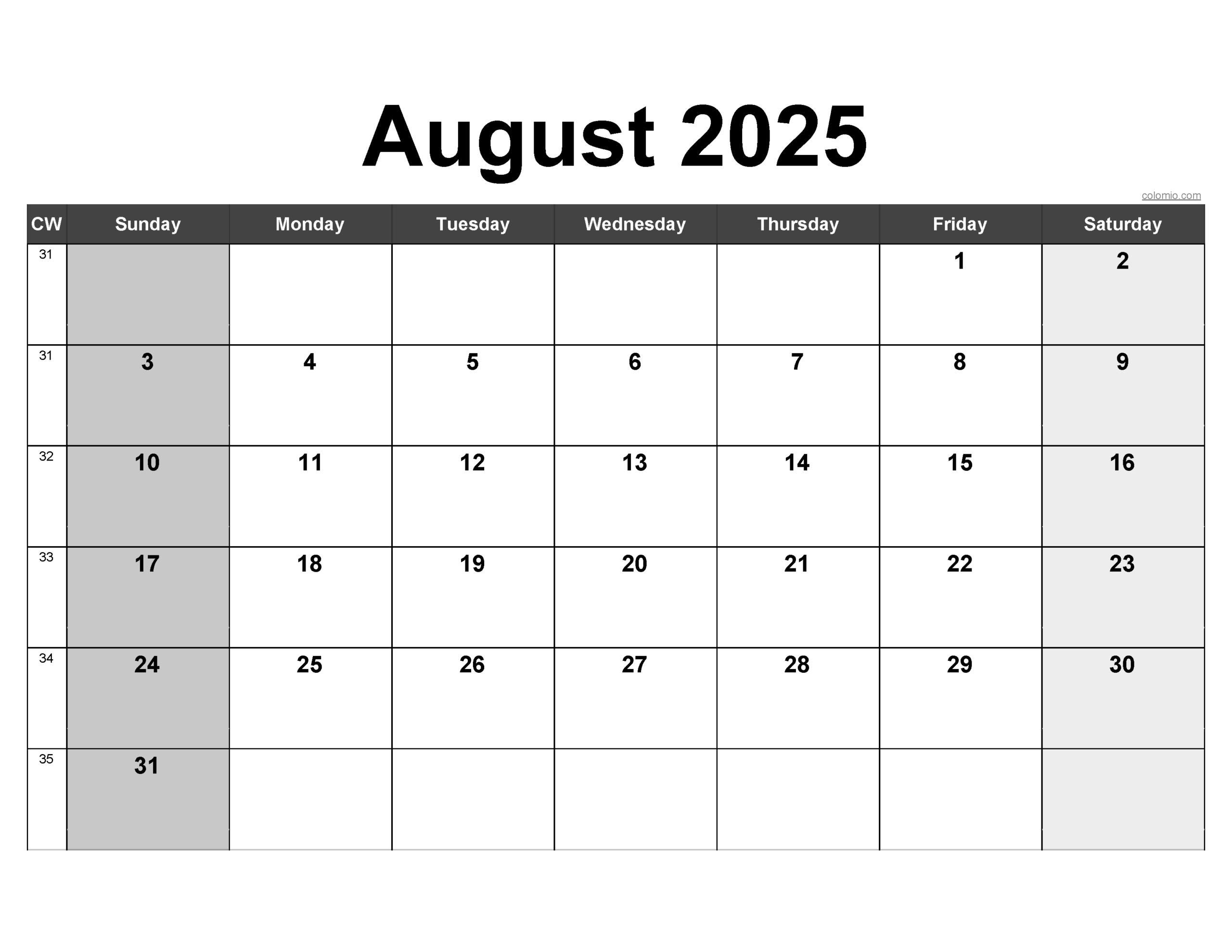 Calendar August 2025 Excel