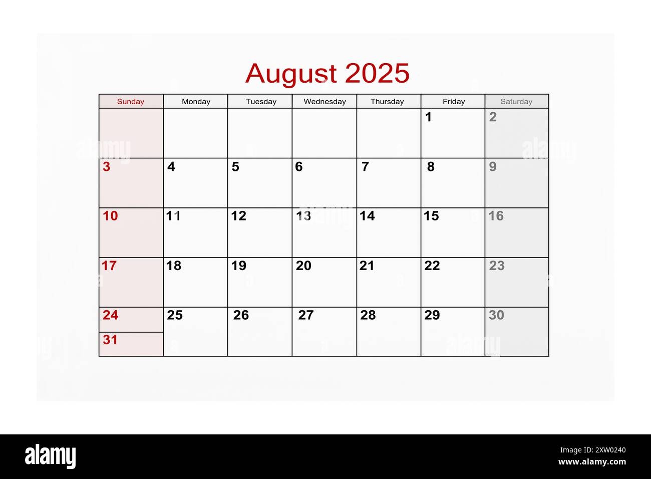 August 2025 Calendar Page For 2025 Year Isolated On White Background Stock Photo Alamy