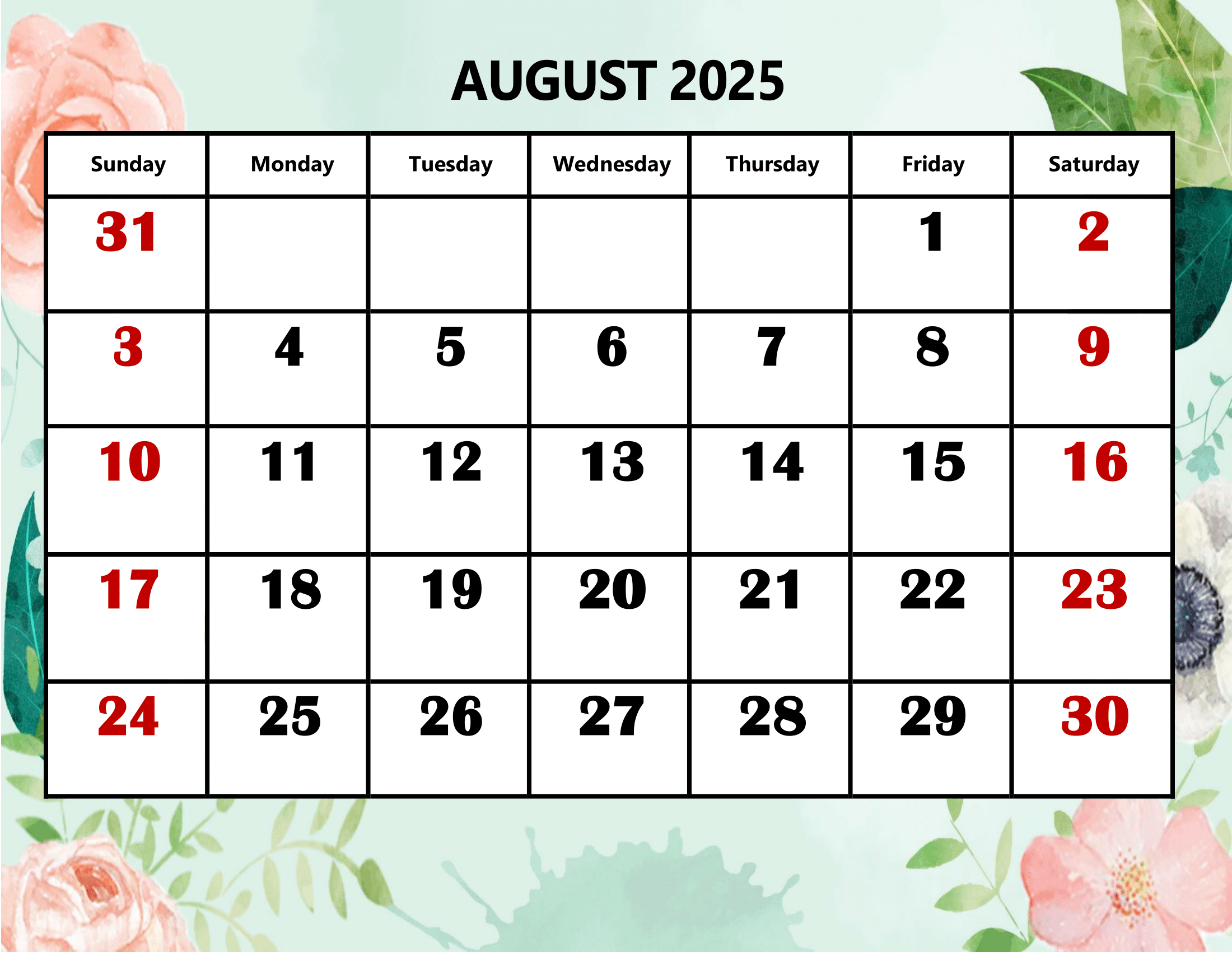 August 2025 Calendar With Holidays Printable