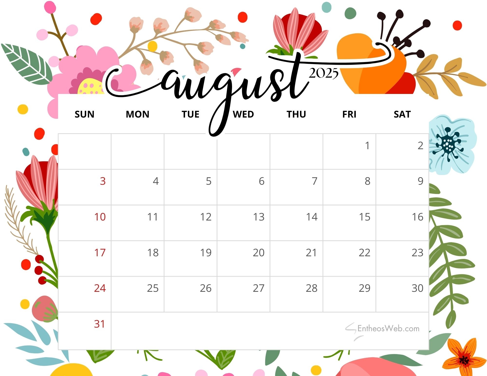 August 2025 Calendar Printables EntheosWeb
