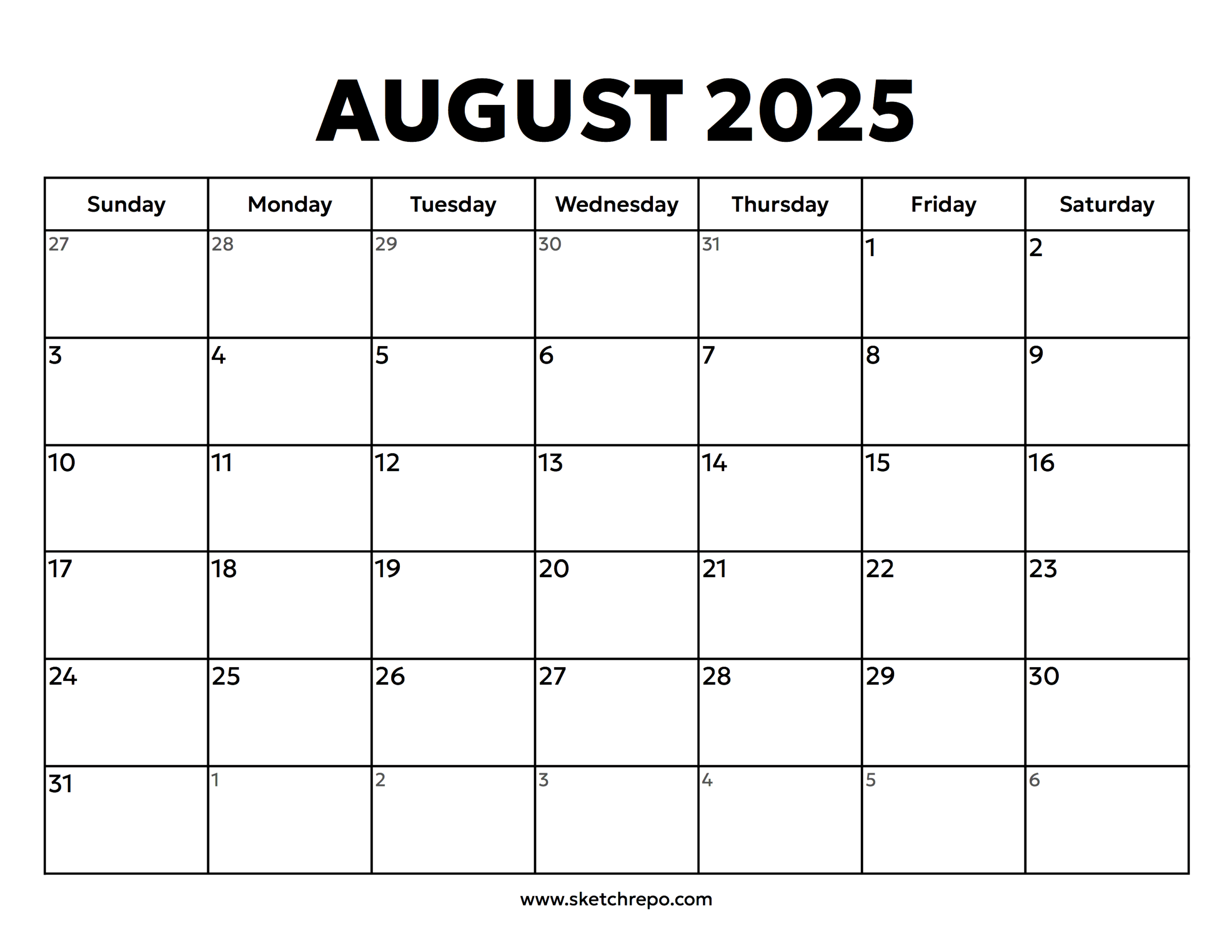 August 2025 Calendar Sketch Repo