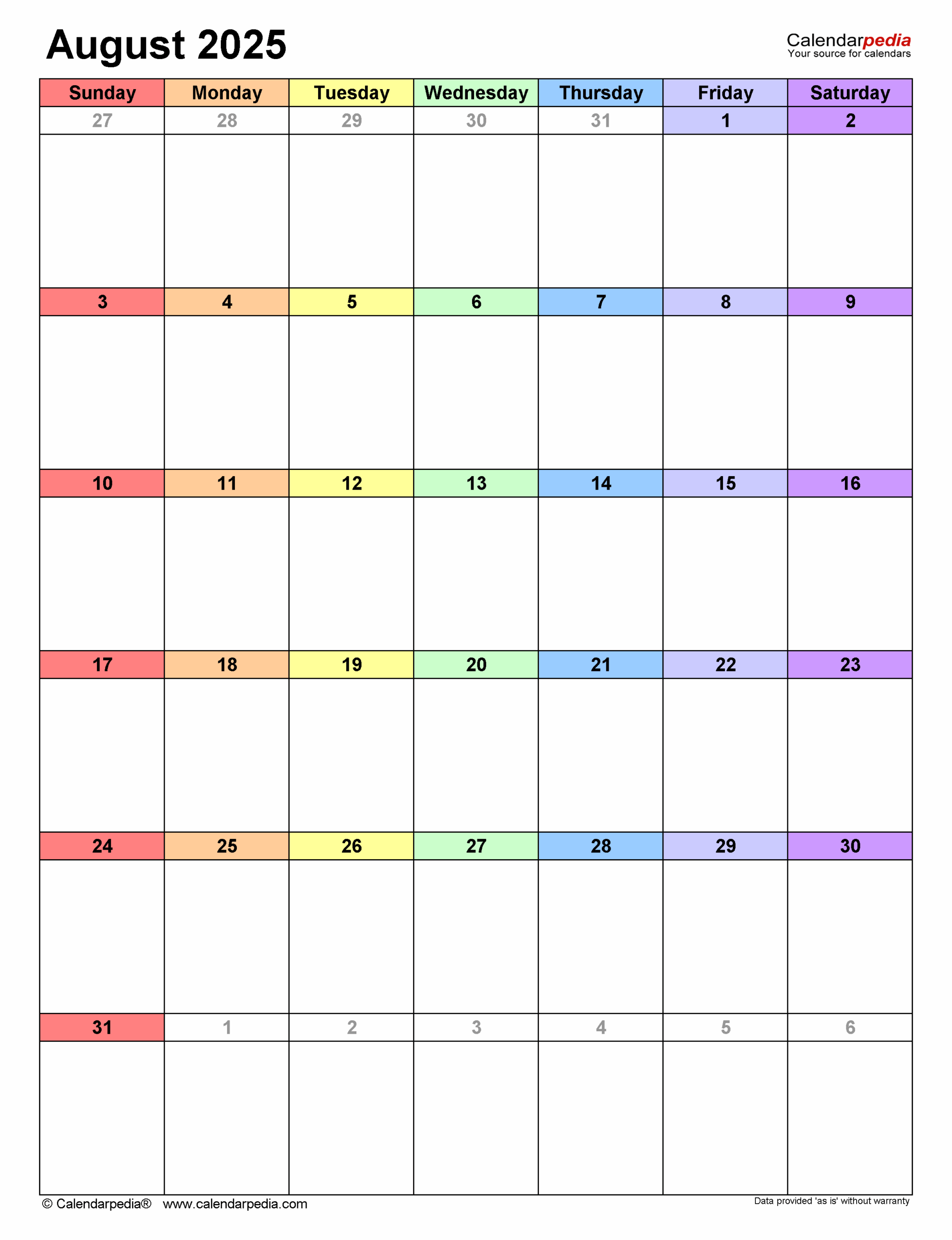 August 2025 Calendar Word Template