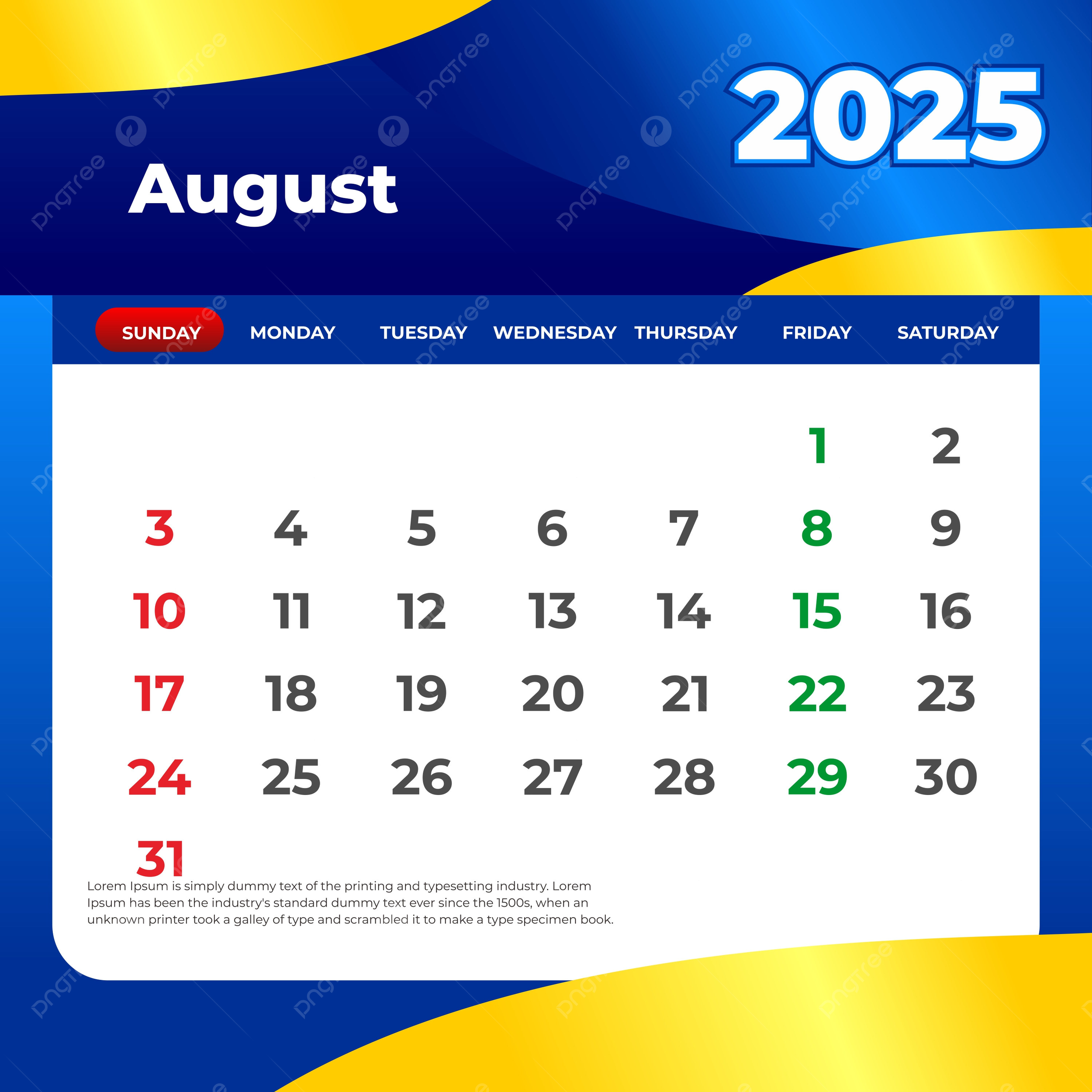August 2025 Calendar Vector Template Download On Pngtree