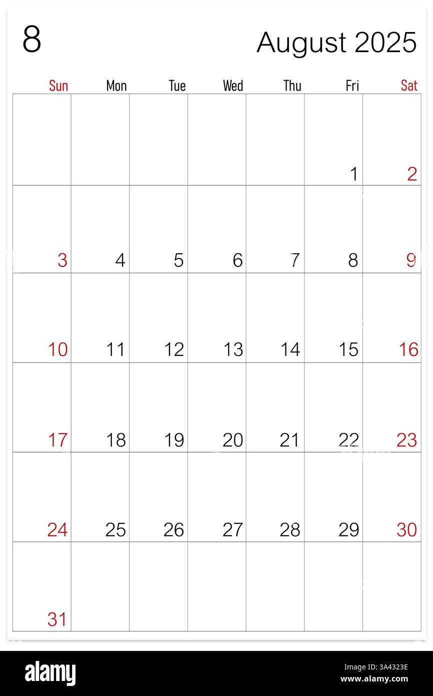 August 2025 Calendar Vertical Template On White Background Stock Photo Alamy