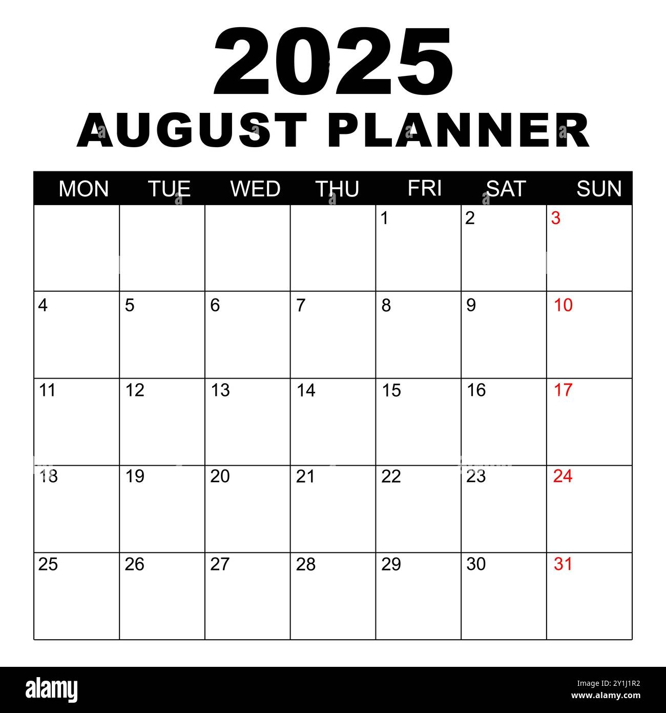 August 2025 Calendar Week Starts On Monday Blank Calendar Template Fits Letter Size Page Stationery Design Simple Set Calendar 2025 Monthly Stock Vector Image U0026 Art Alamy