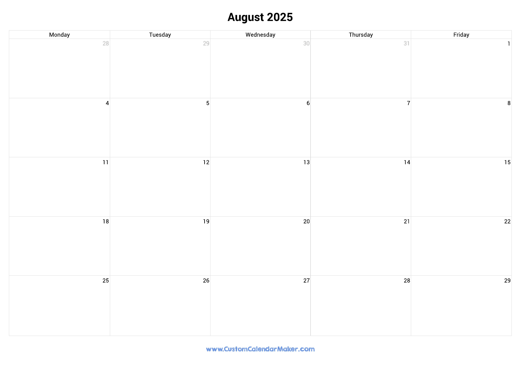 August 2025 Calendar Weekdays Only Monday To Friday Custom 