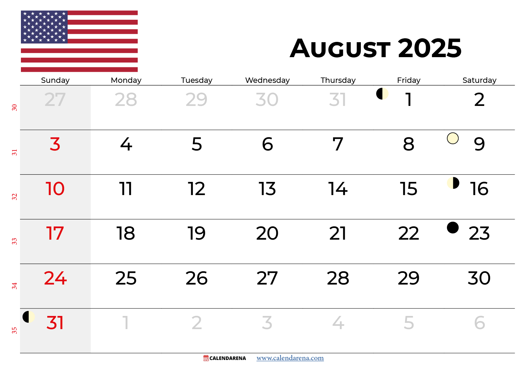 August 2025 Day Calendar