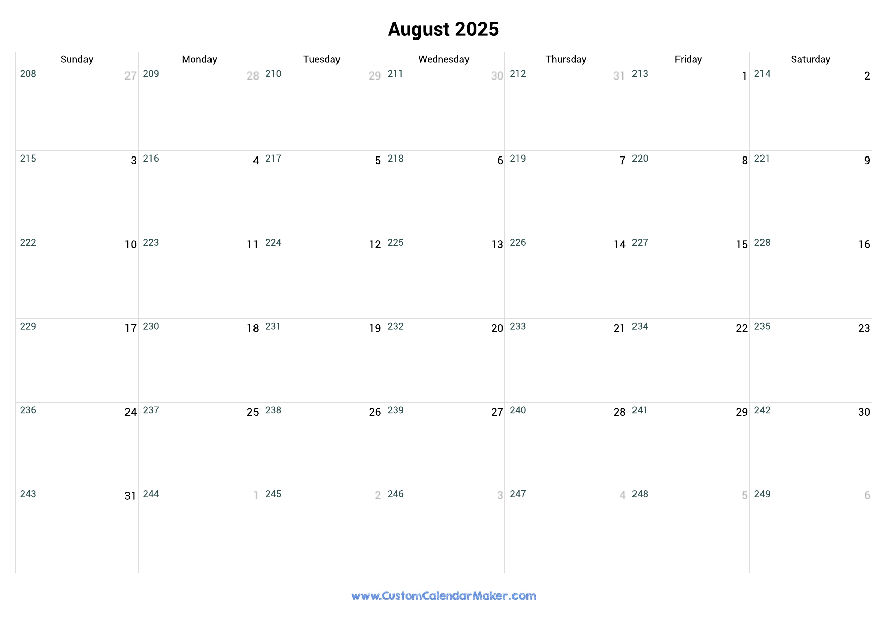 August 2025 Day Number Of The Year Calendar Custom Calendar Maker