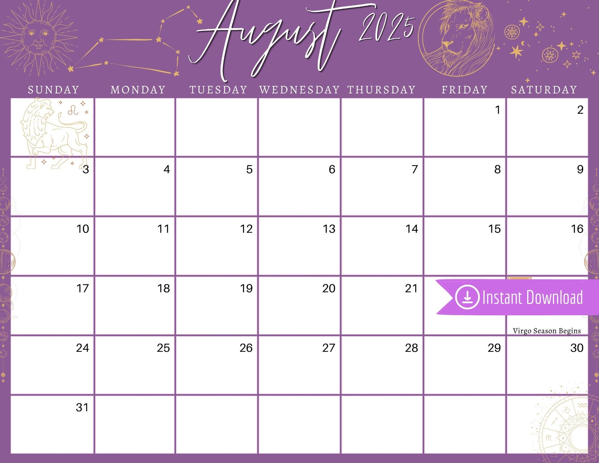August 2025 Digital Calendar Purple Leo Astrology Planner Editable Fillable Printable Calendar For Planning PDF PNG And JPG Download Etsy