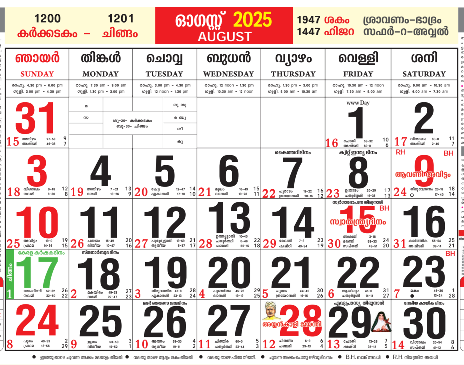 August 2025 Malayalam Calendar All Festivals Holiday Tithi 