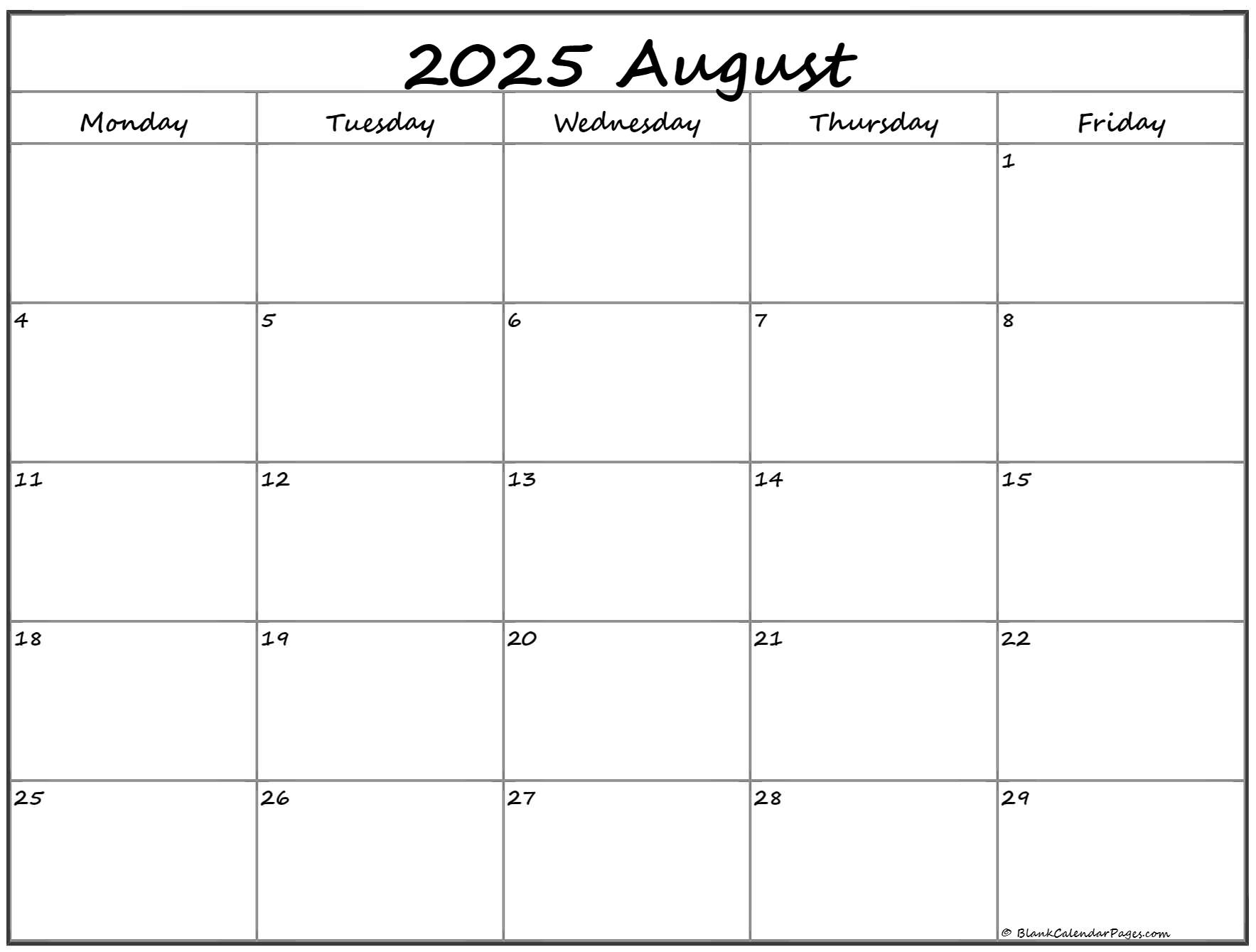 August 2025 Monday Calendar Monday To Sunday