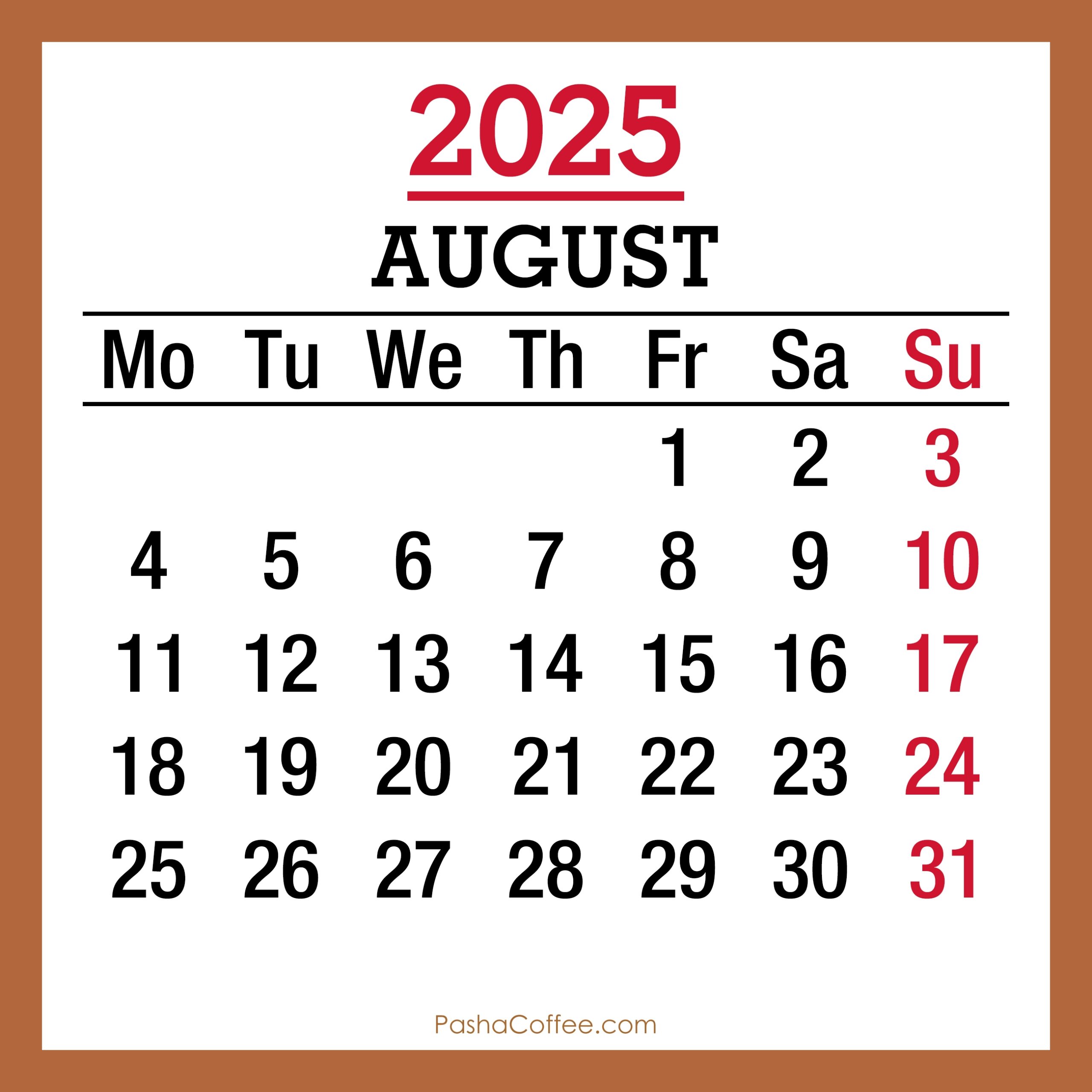 Show Calendar For August 2025