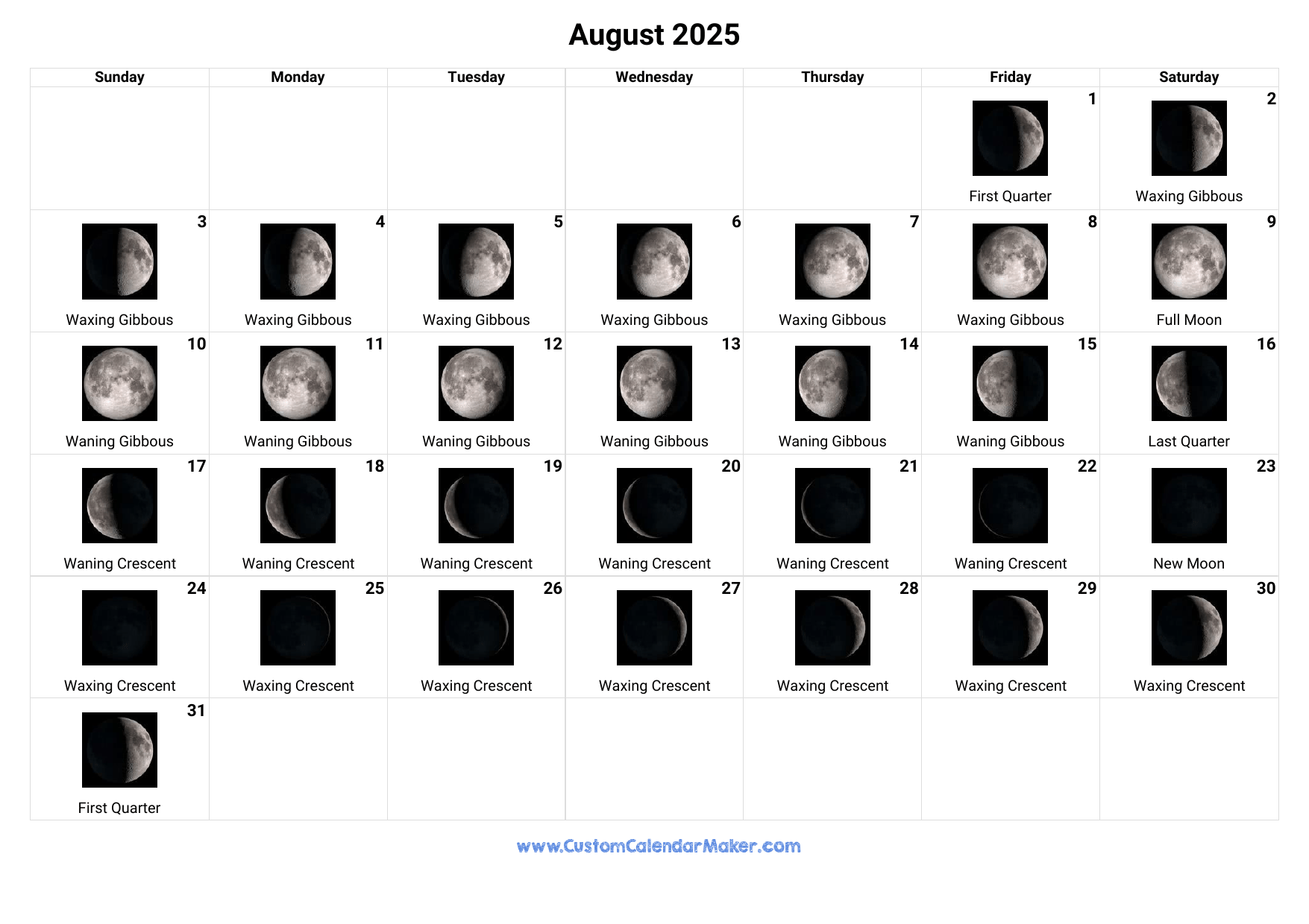 Full Moon Calendar August 2025