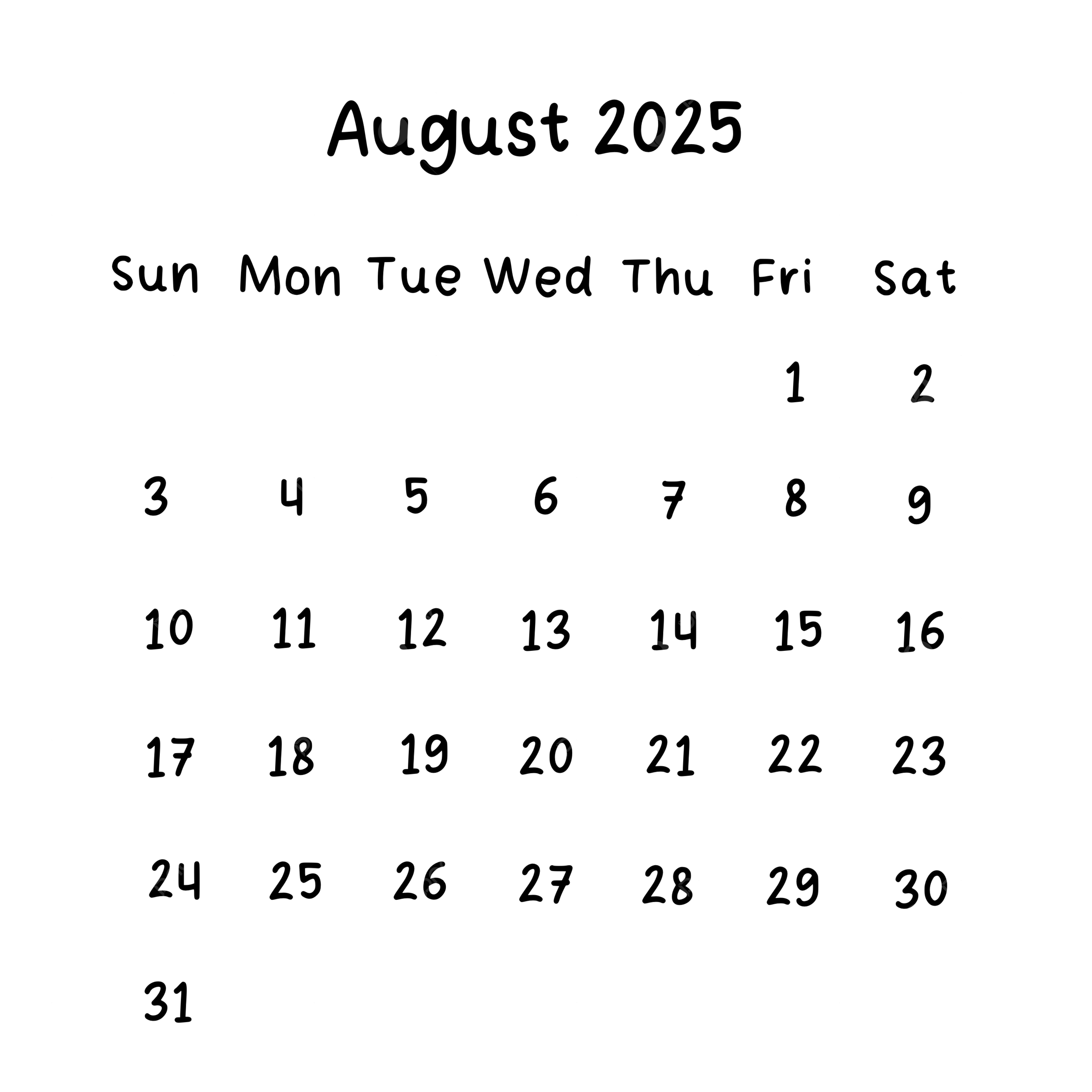 August 2025 Plain Calendar In Black Color 2025 August Calendar PNG Transparent Clipart Image And PSD File For Free Download