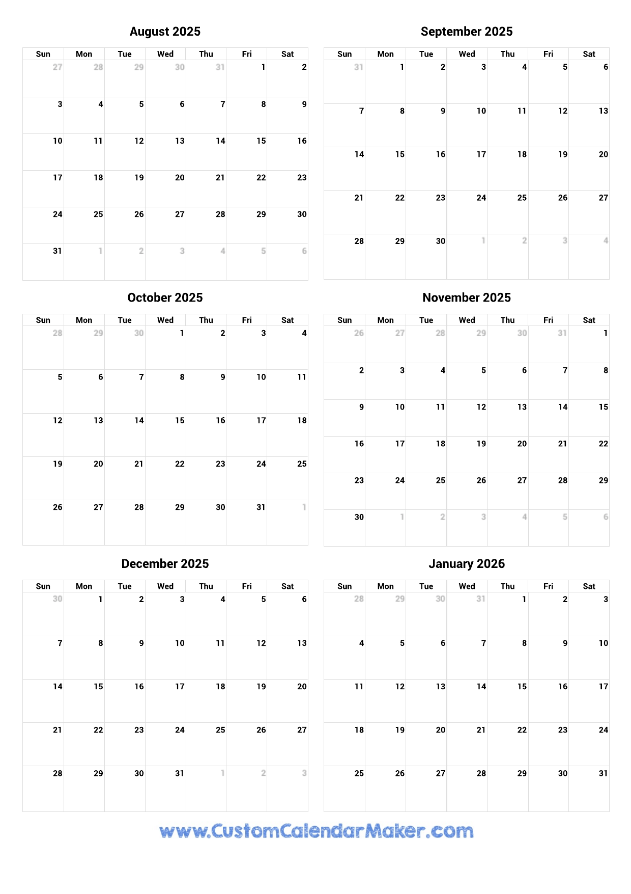 September 2025-August 2026 Calendar