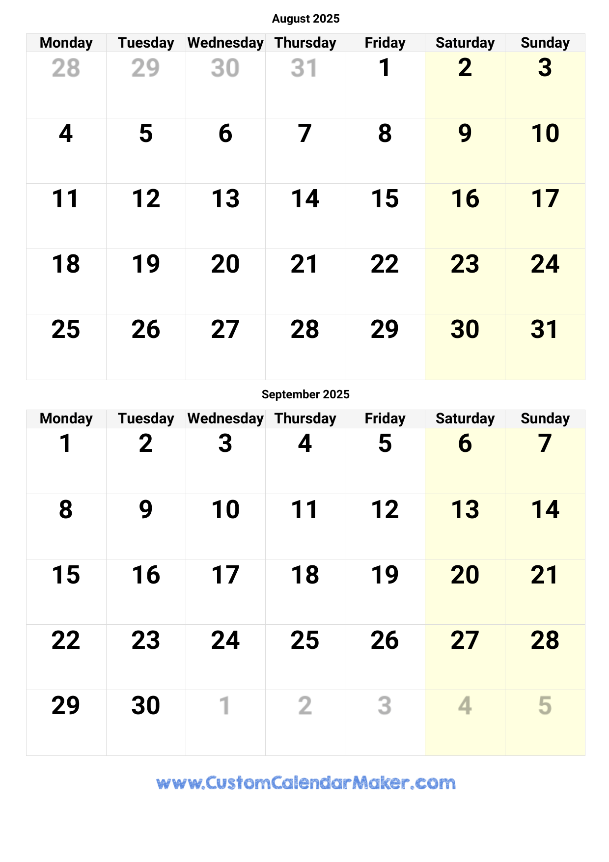 August And September 2025 Calendar Custom Calendar Maker