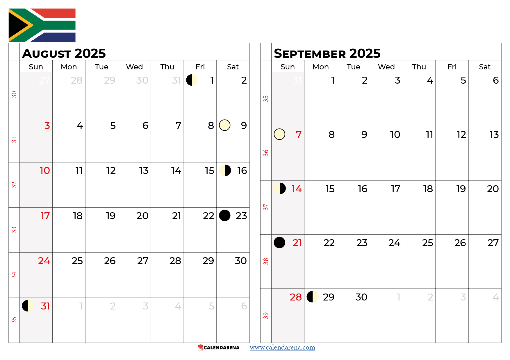 August Calendar 2025 South Africa