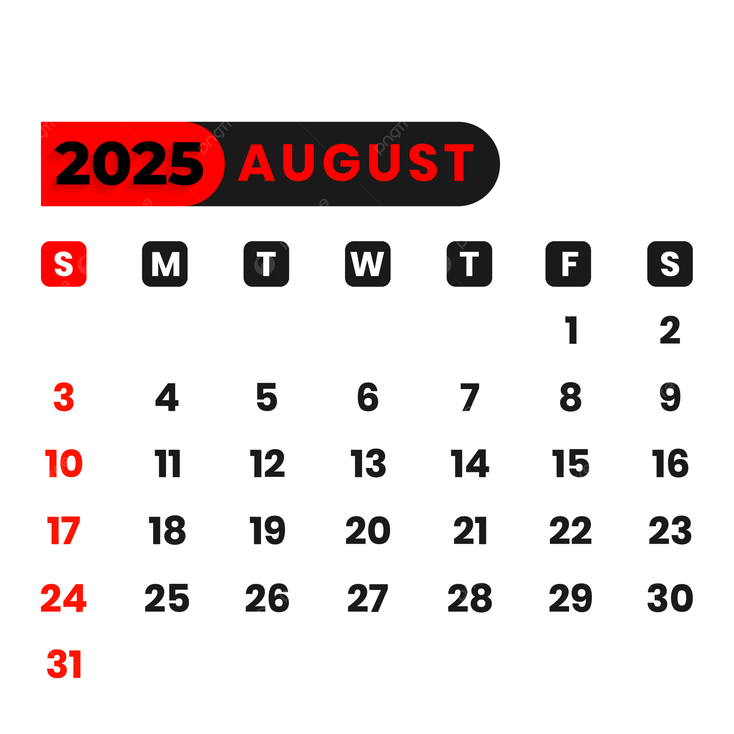 August Calendar 2025 Vector August Calendar 2025 PNG And Vector With Transparent Background For Free Download