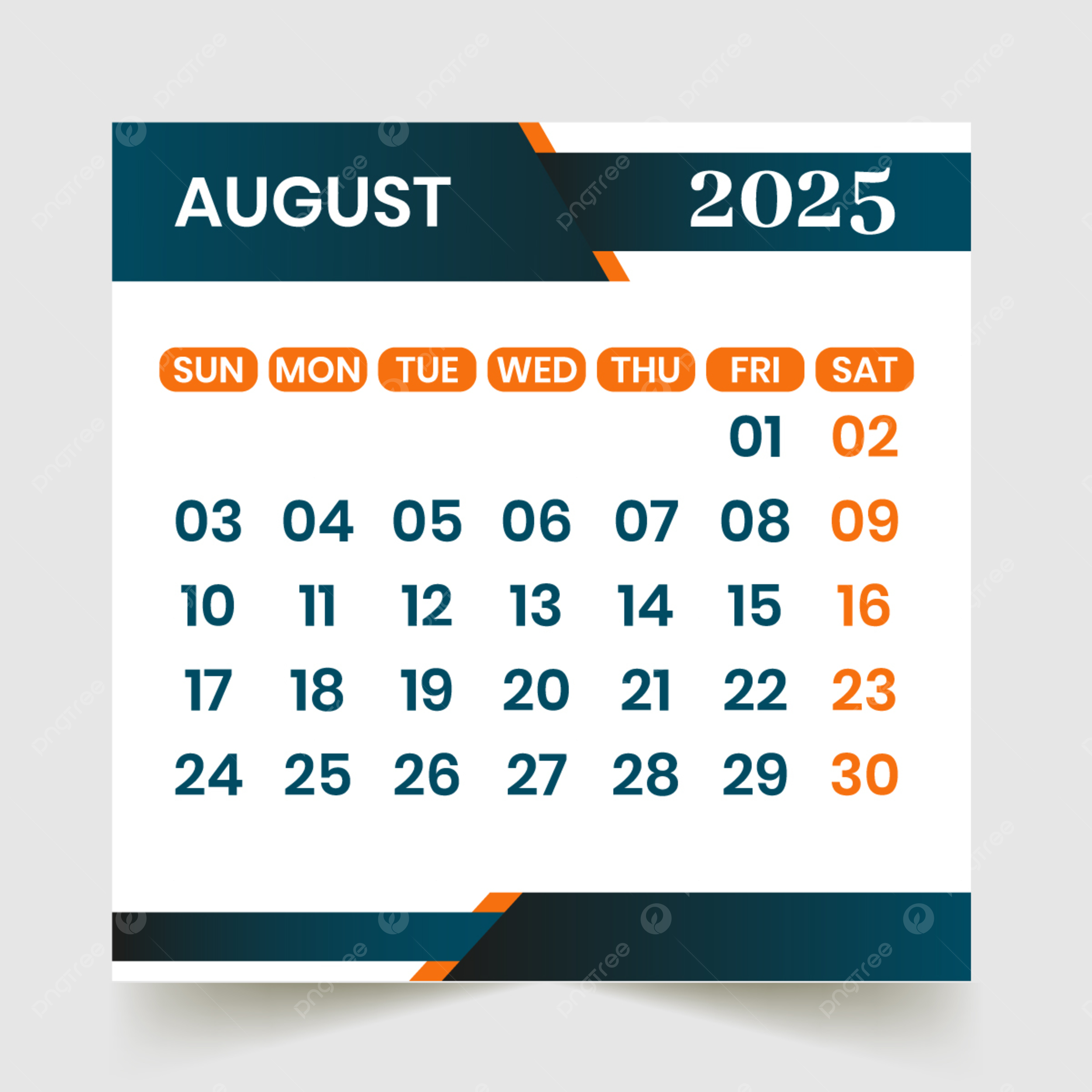 August Month Calendar 2025 Vector Template Download On Pngtree