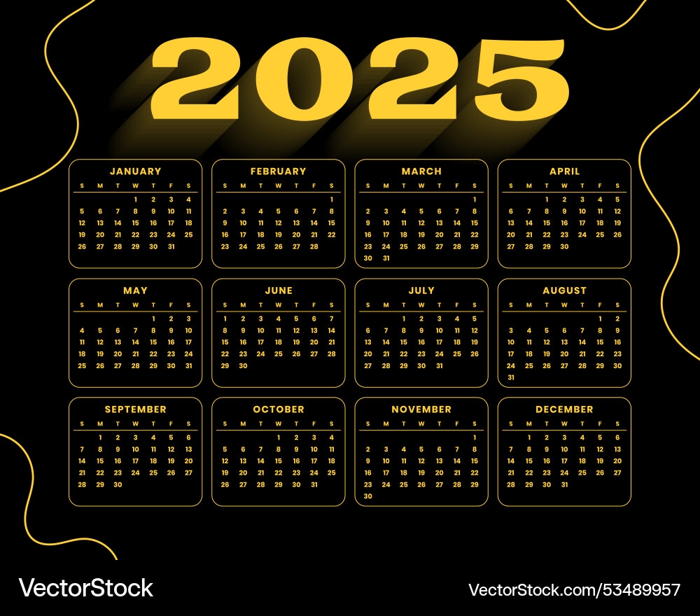 Black Golden 2025 New Year Calendar Template Vector Image