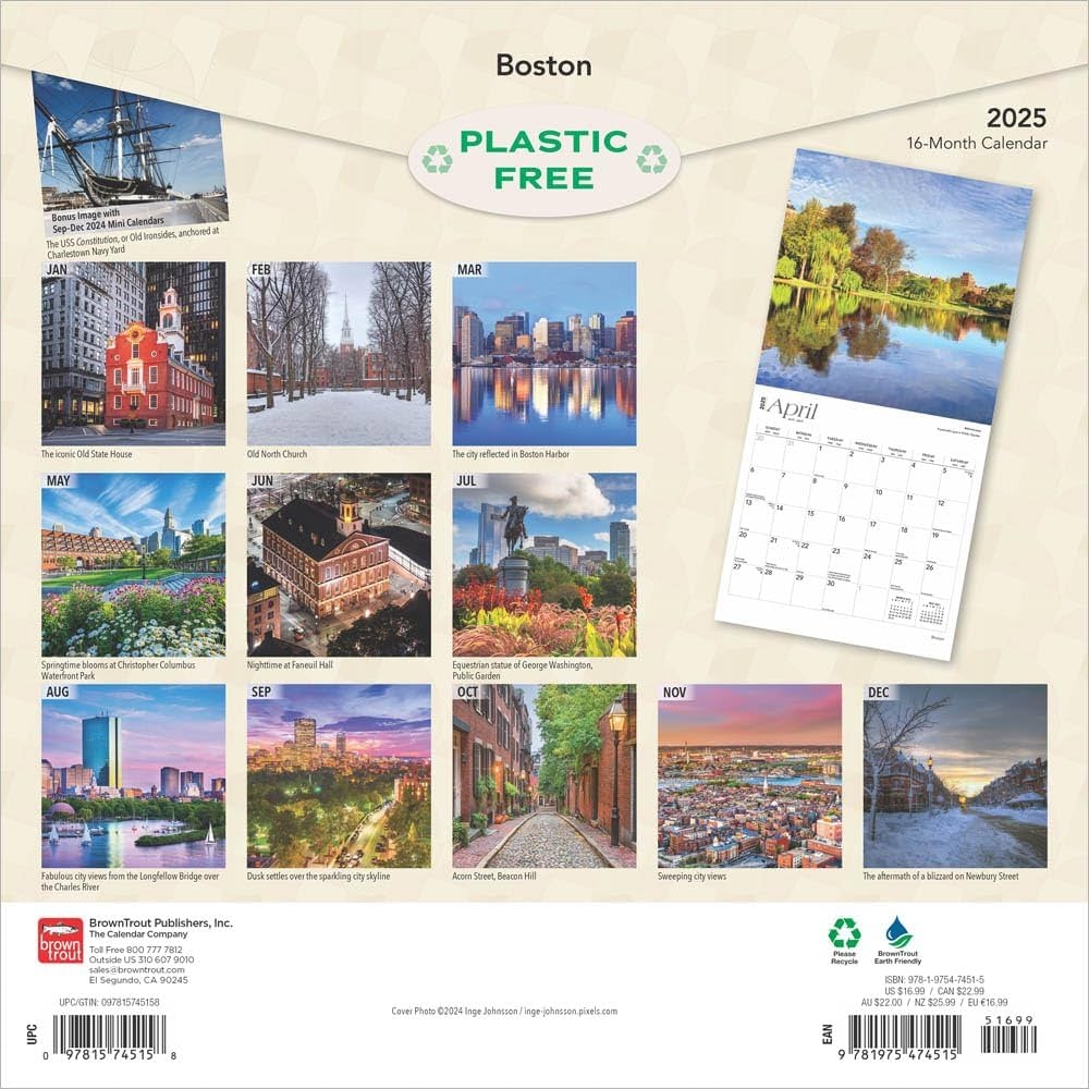 Boston 2025 12 X 24 Inch Monthly Square Wall Calendar Plastic Free BrownTrout USA United States Of America Massachusetts Northeast City 