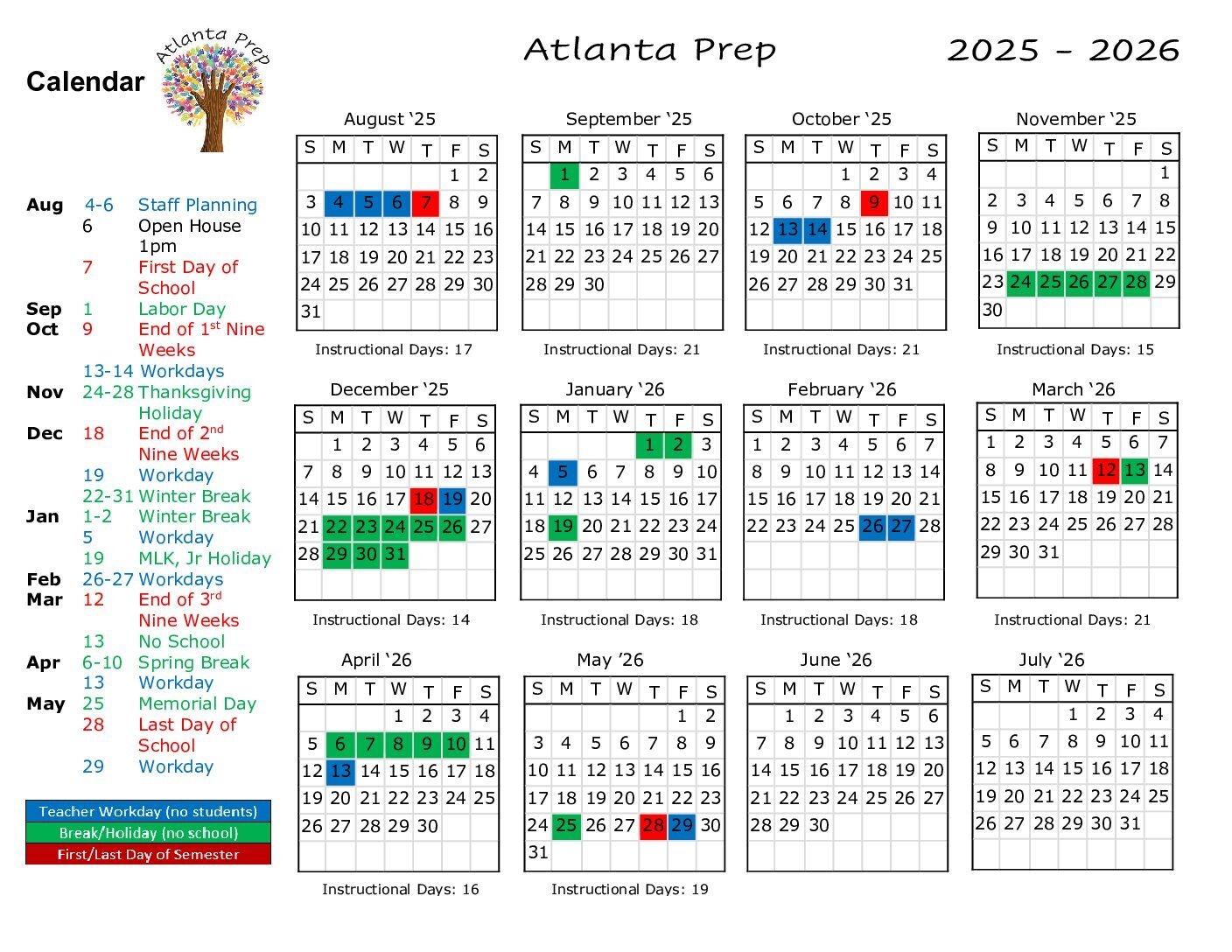 Calendar 2024 2026 Atlanta Prep LLC Education Autism Private