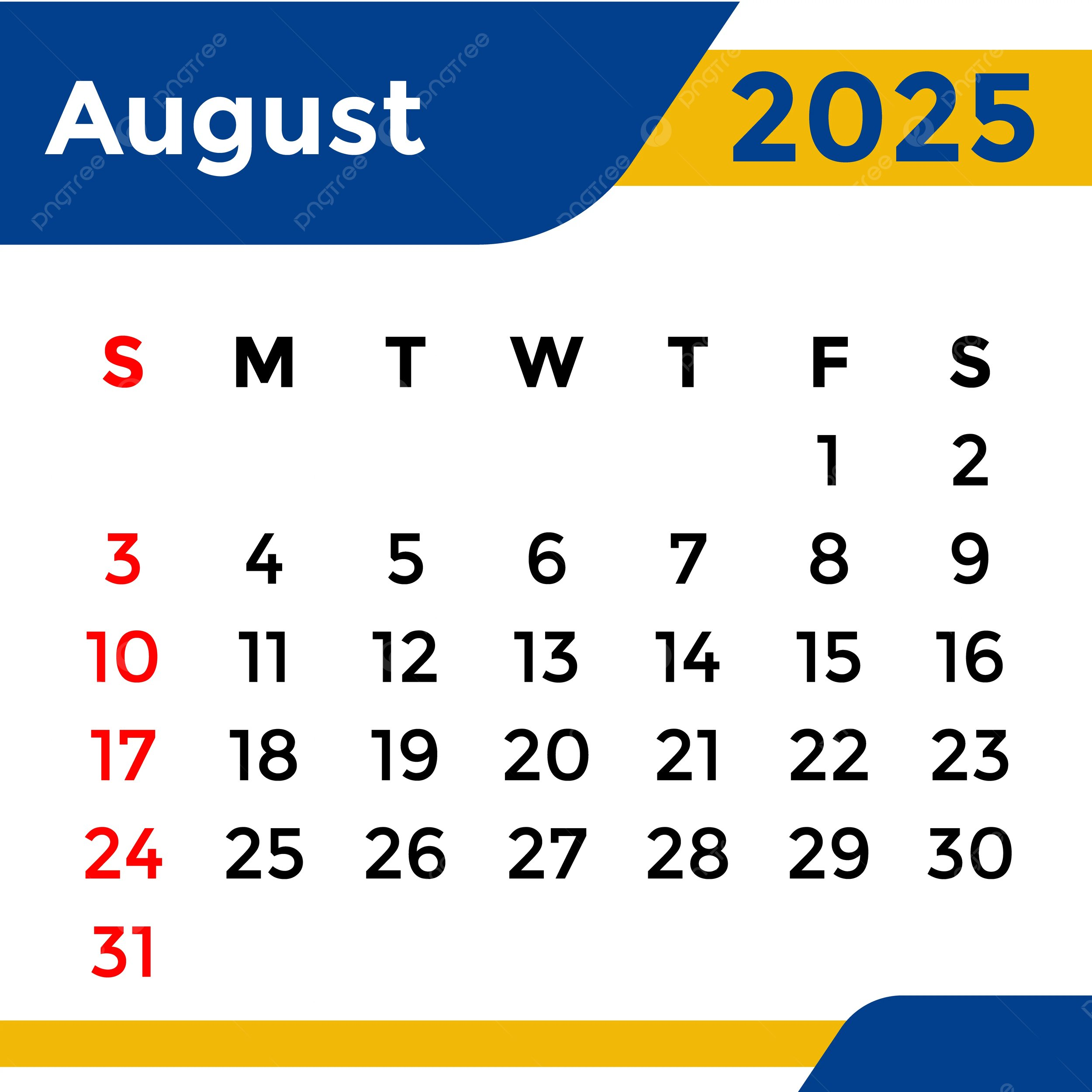 August 2025 Calendar Days
